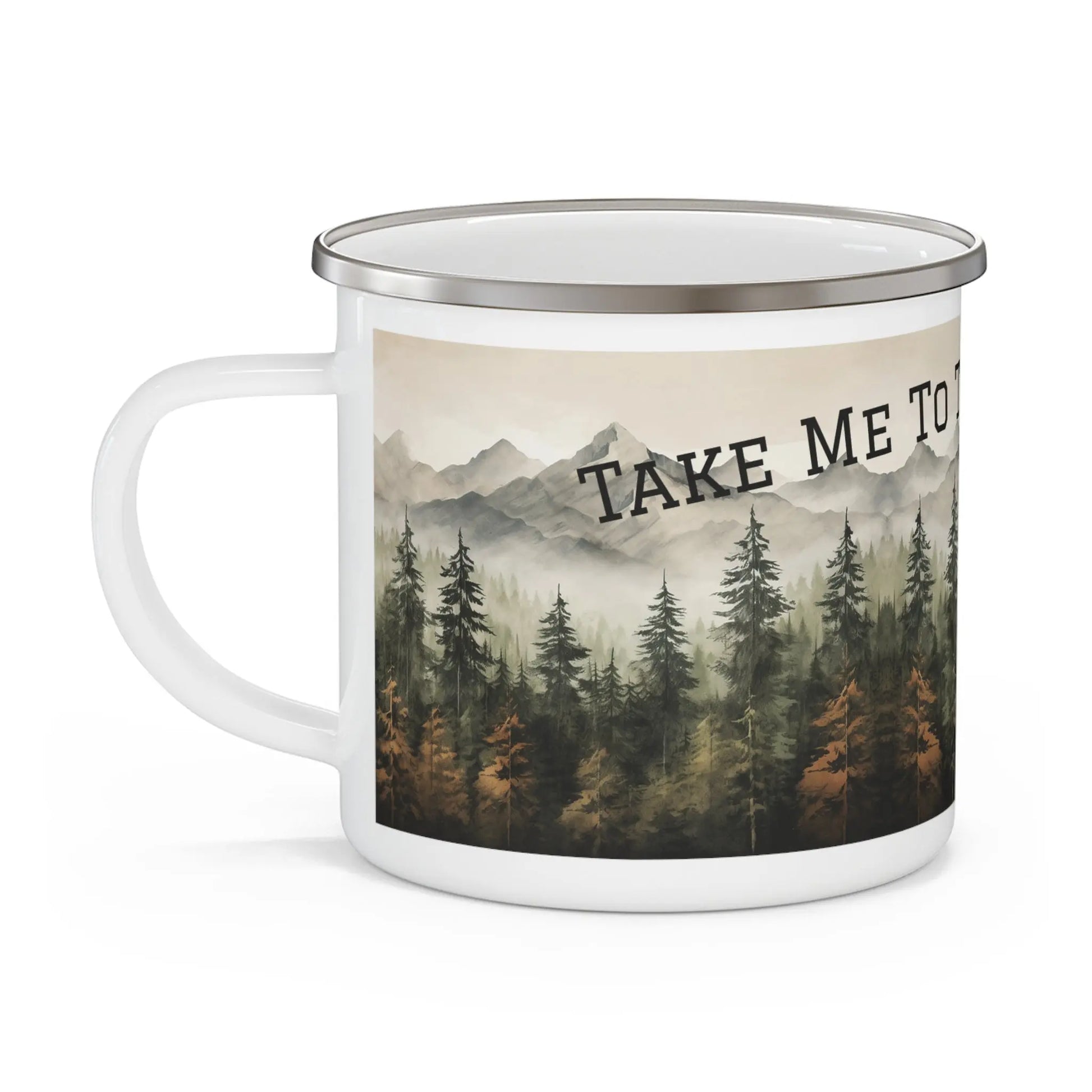 Take Me To The Mountains Mug, Mountain Landscape Enamel Camping Mug, Nature and Outdoor Lover’s Adventure Coffee Cup Wildwood Mountain Coffee Co