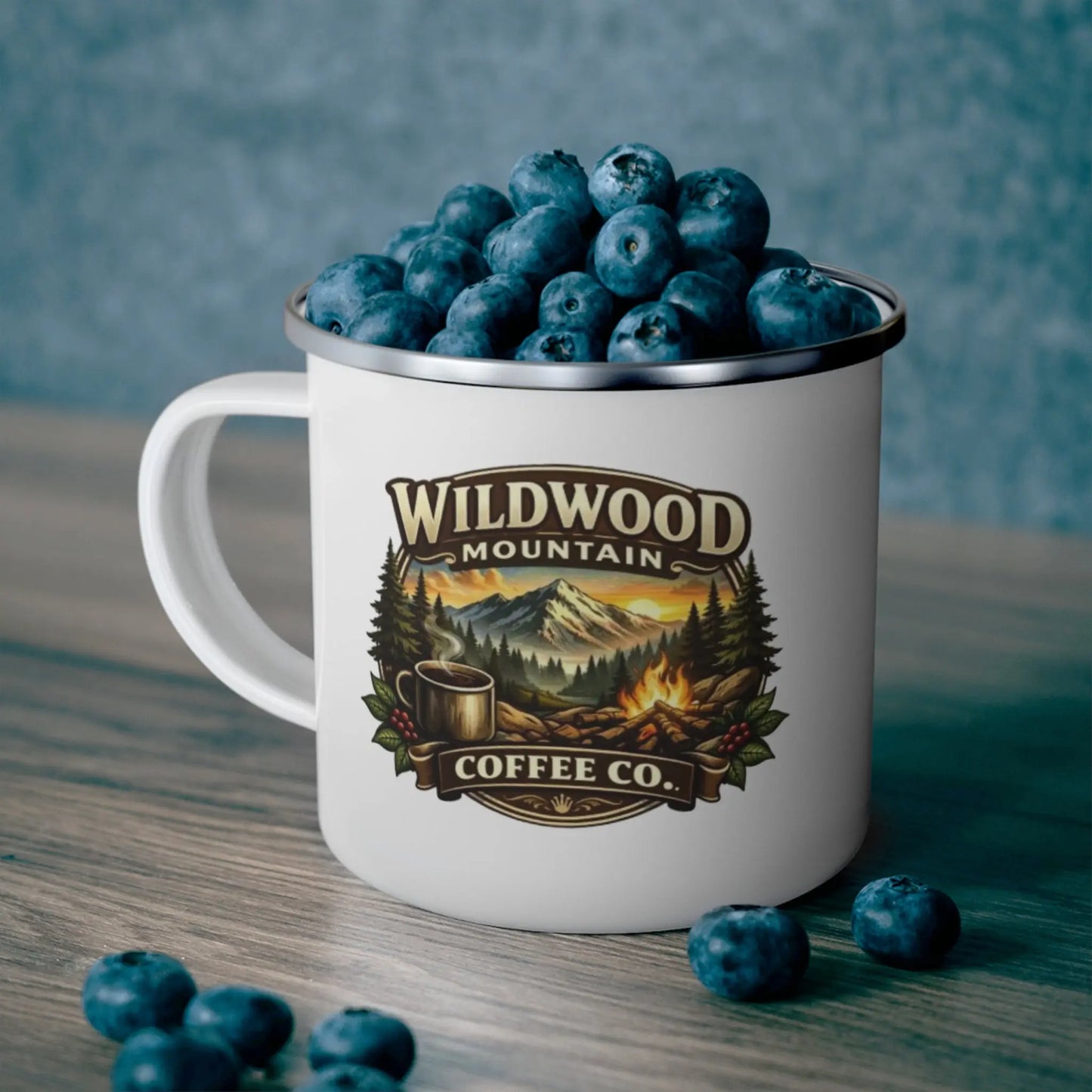 Campfire Enamel Coffee Cup, Wildwood Mountain Coffee Co Enamel Camping Mug, Vintage Outdoor Campfire Coffee Cup, Wildwood Mountain Coffee Co