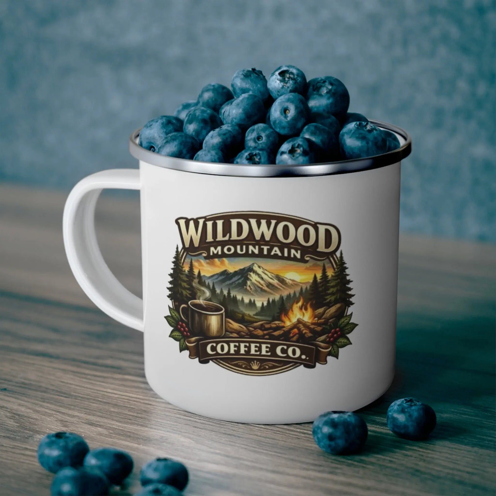 Campfire Enamel Coffee Cup, Wildwood Mountain Coffee Co Enamel Camping Mug, Vintage Outdoor Campfire Coffee Cup, Wildwood Mountain Coffee Co