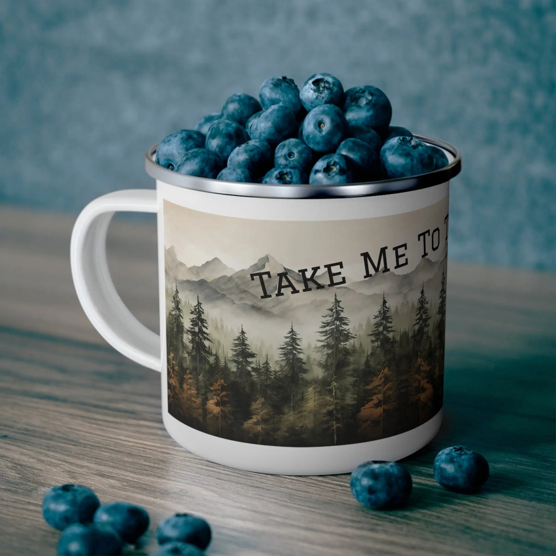 Take Me To The Mountains Mug, Mountain Landscape Enamel Camping Mug, Nature and Outdoor Lover’s Adventure Coffee Cup Wildwood Mountain Coffee Co
