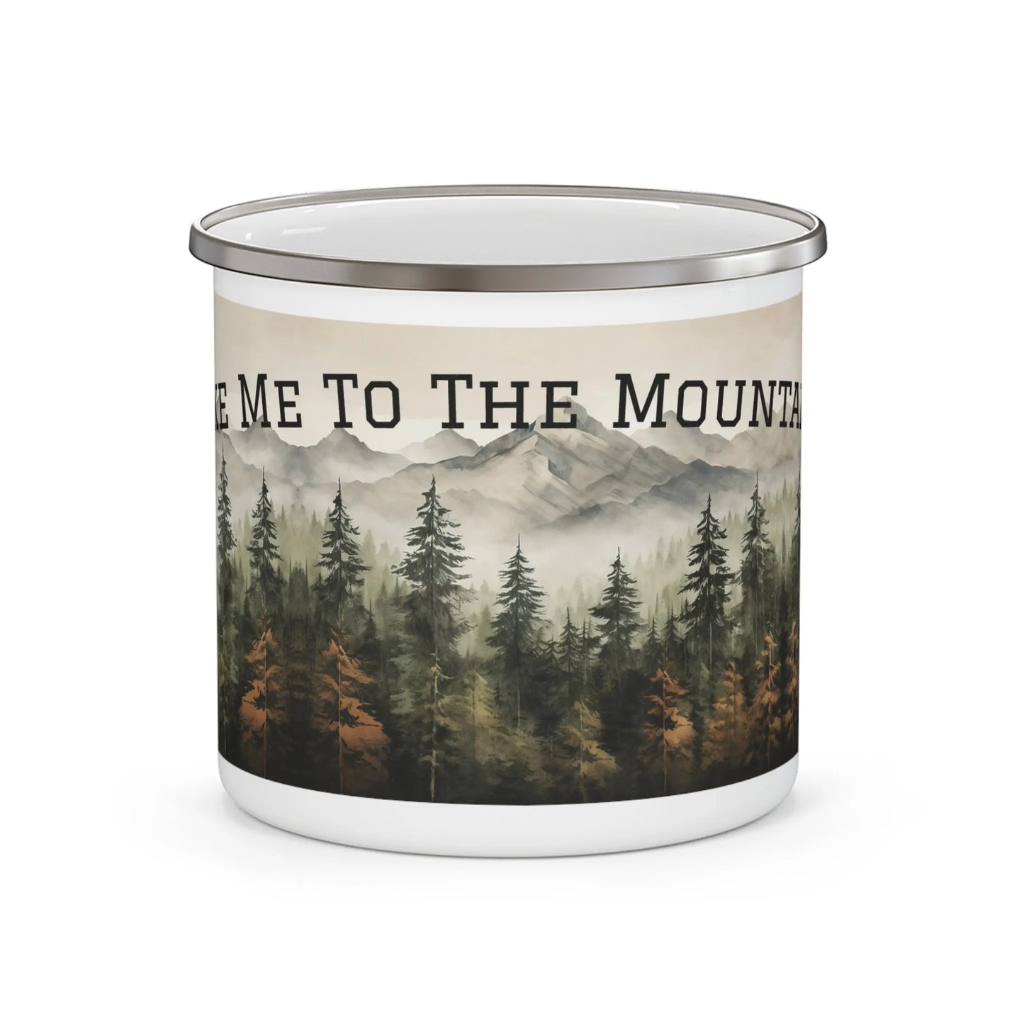Take Me To The Mountains Mug, Mountain Landscape Enamel Camping Mug, Nature and Outdoor Lover’s Adventure Coffee Cup Wildwood Mountain Coffee Co