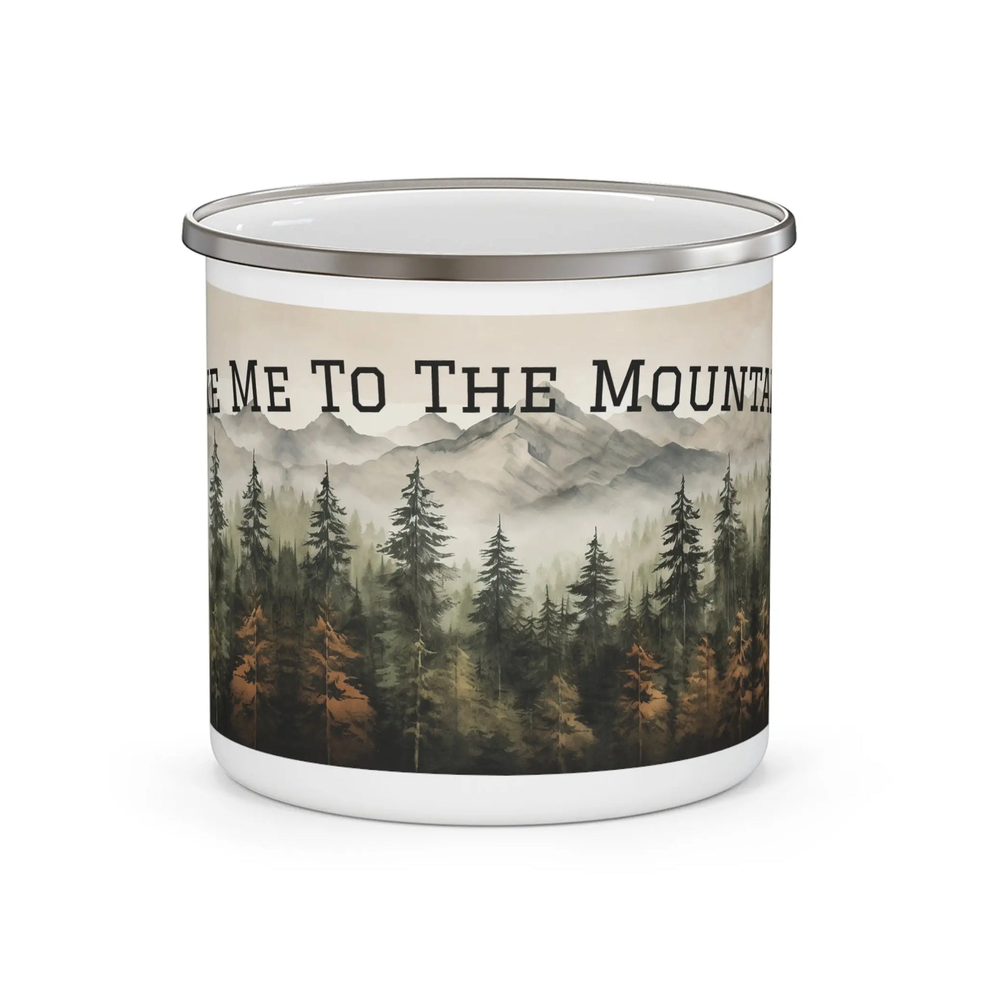 Take Me To The Mountains Mug, Mountain Landscape Enamel Camping Mug, Nature and Outdoor Lover’s Adventure Coffee Cup Wildwood Mountain Coffee Co