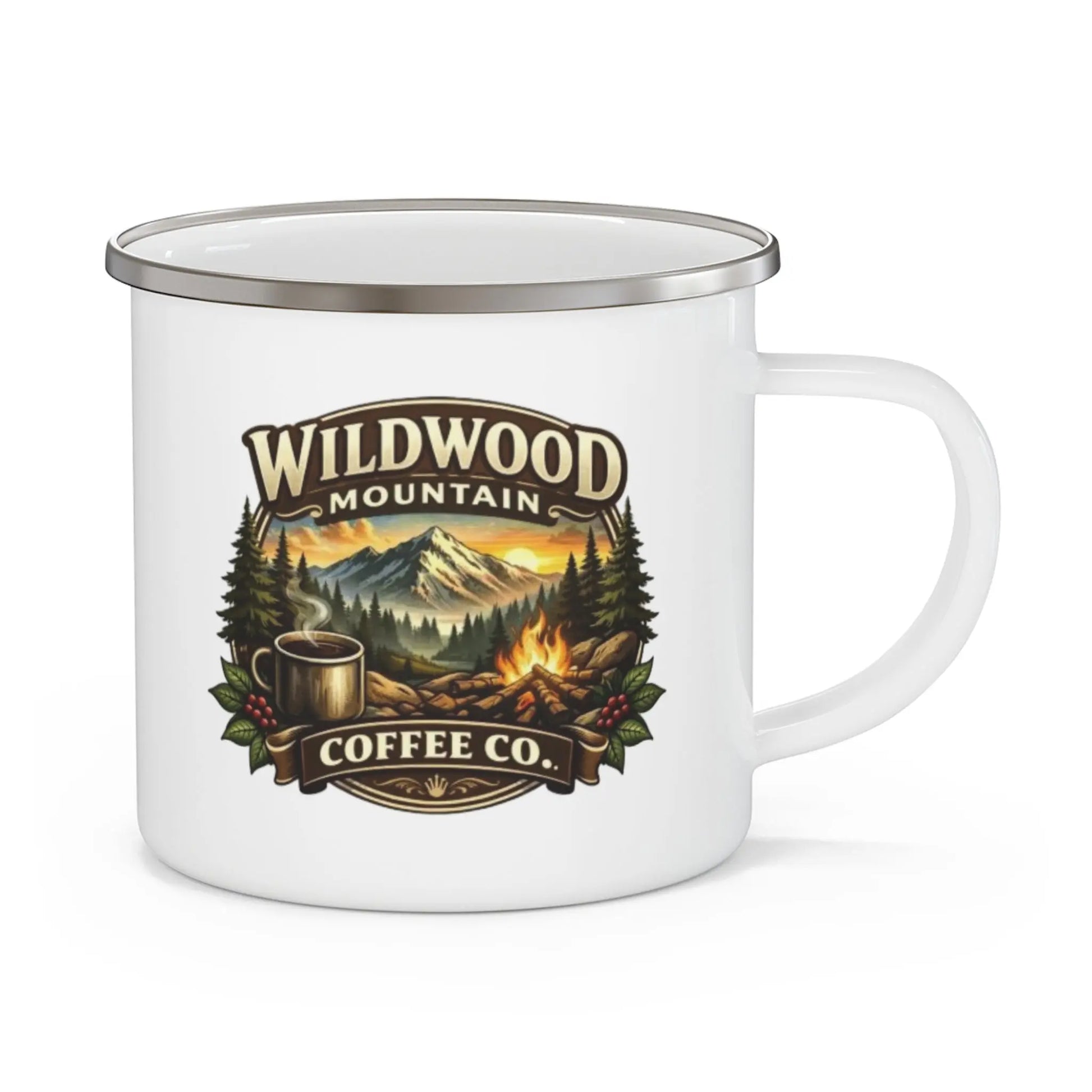 Campfire Enamel Coffee Cup, Wildwood Mountain Coffee Co Enamel Camping Mug, Vintage Outdoor Campfire Coffee Cup, Wildwood Mountain Coffee Co