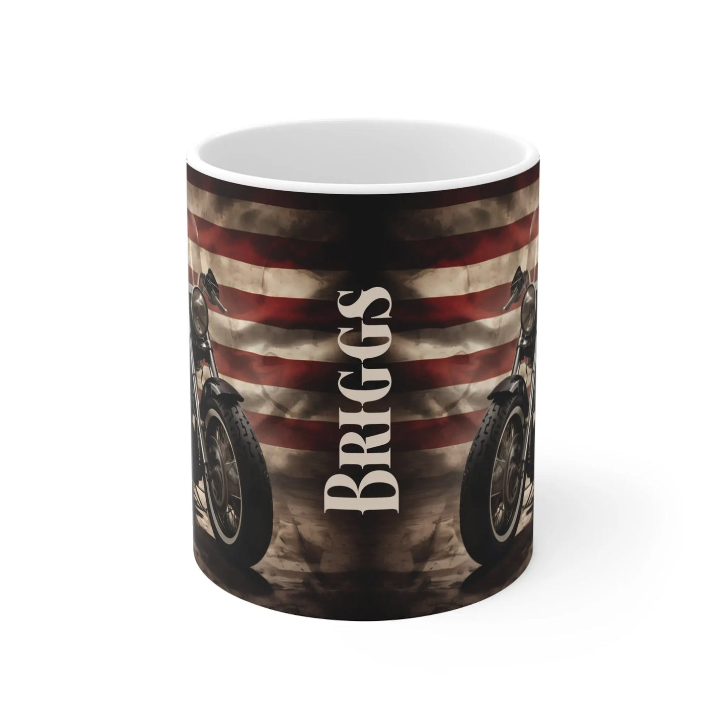 Personalized American Flag Motorcycle Mug, Patriotic Biker Coffee Cup Wildwood Mountain Coffee Co