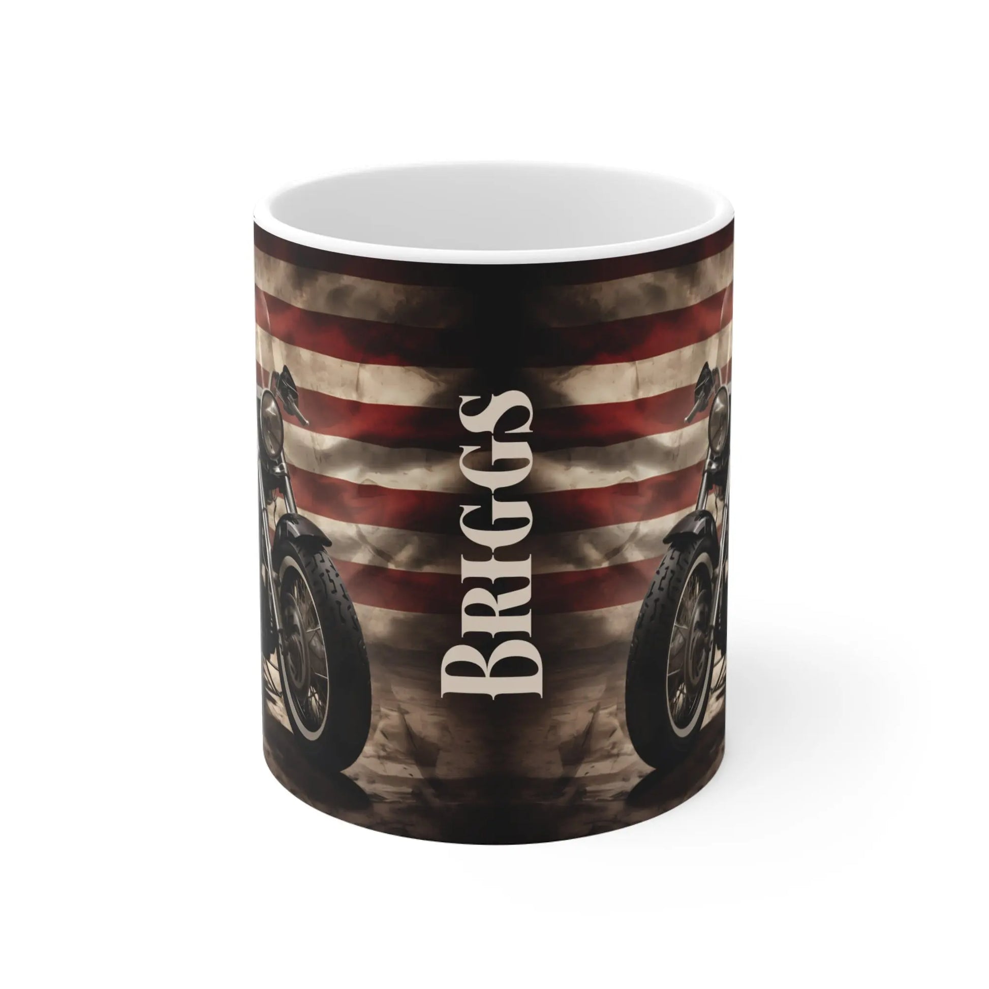 Personalized American Flag Motorcycle Mug, Patriotic Biker Coffee Cup Wildwood Mountain Coffee Co