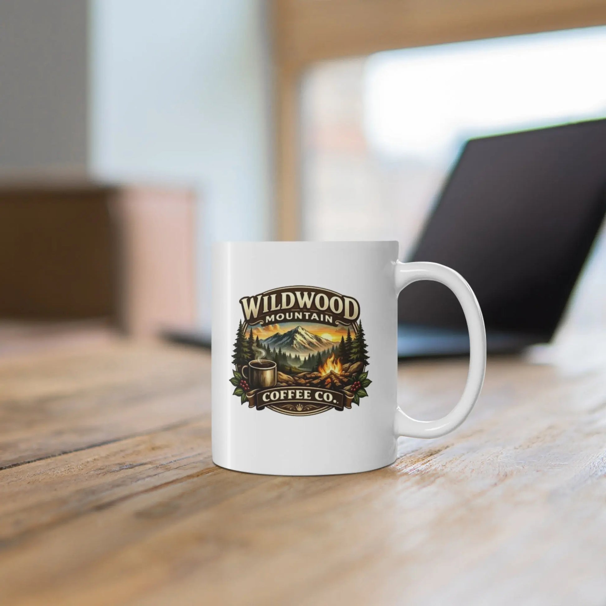 Wildwood Mountain Coffee Co. Mug, Rustic Camping Design Coffee Cup Wildwood Mountain Coffee Co