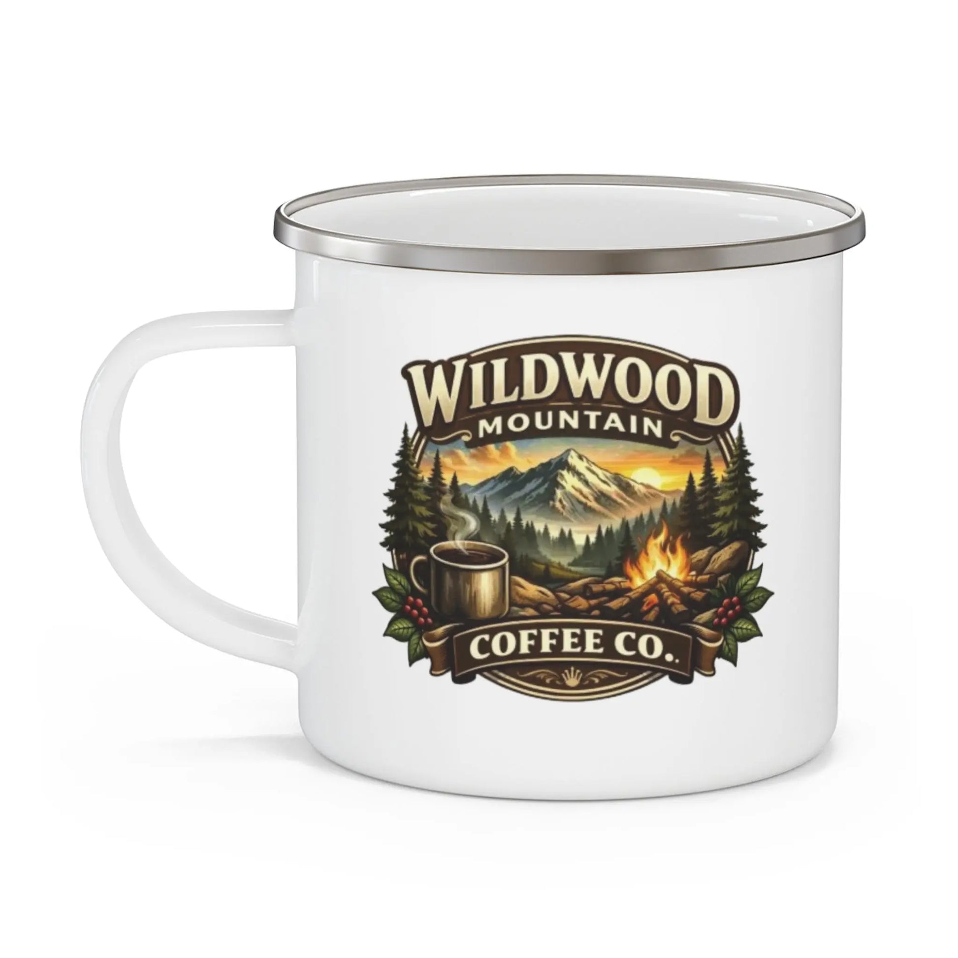 Campfire Enamel Coffee Cup, Wildwood Mountain Coffee Co Enamel Camping Mug, Vintage Outdoor Campfire Coffee Cup, Wildwood Mountain Coffee Co