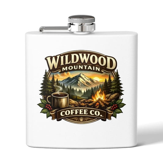 Stainless Steel Flask, Wildwood Mountain Coffee Co 6oz Stainless Steel Flask, Campfire Mountain Design Wildwood Mountain Coffee Co