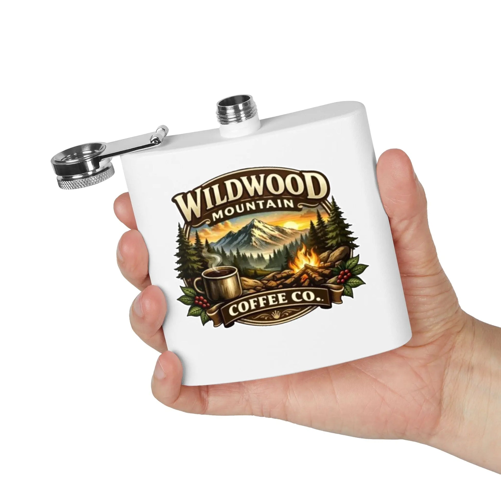 Stainless Steel Flask, Wildwood Mountain Coffee Co 6oz Stainless Steel Flask, Campfire Mountain Design Wildwood Mountain Coffee Co