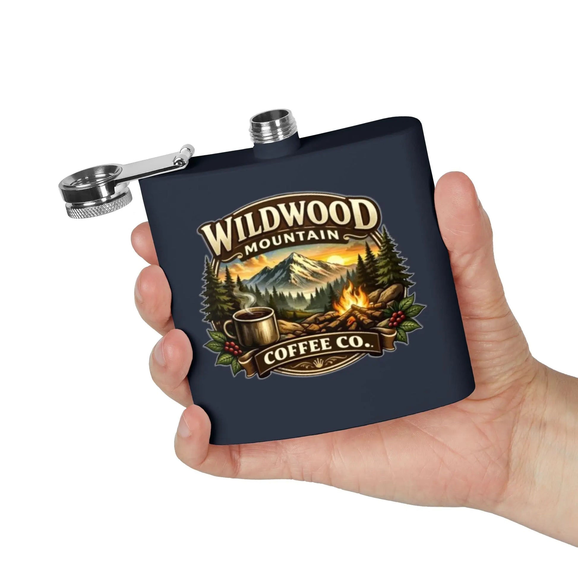 Stainless Steel Flask, Wildwood Mountain Coffee Co 6oz Stainless Steel Flask, Campfire Mountain Design Wildwood Mountain Coffee Co