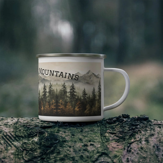 Take Me To The Mountains Mug, Mountain Landscape Enamel Camping Mug, Nature and Outdoor Lover’s Adventure Coffee Cup Wildwood Mountain Coffee Co