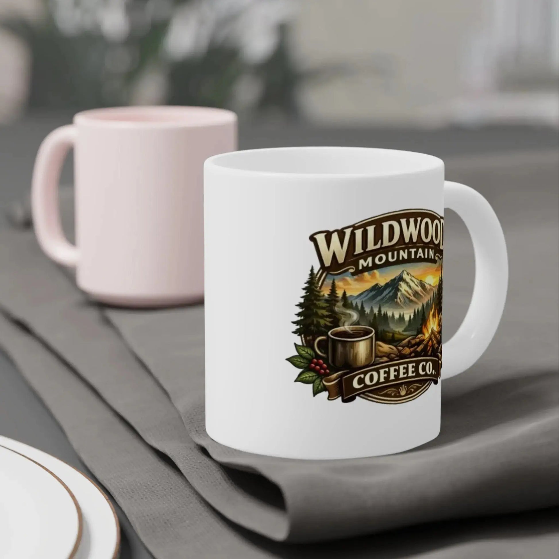 Wildwood Mountain Coffee Co. Mug, Rustic Camping Design Coffee Cup (11/15/20oz) Wildwood Mountain Coffee Co