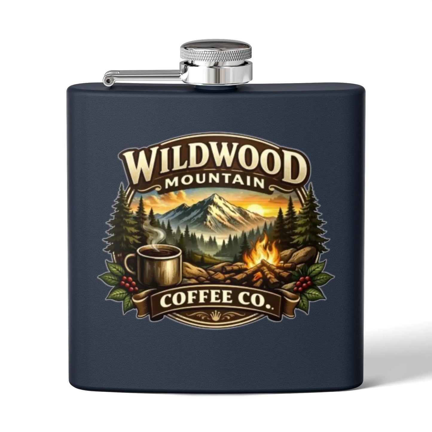 Stainless Steel Flask, Wildwood Mountain Coffee Co 6oz Stainless Steel Flask, Campfire Mountain Design Wildwood Mountain Coffee Co