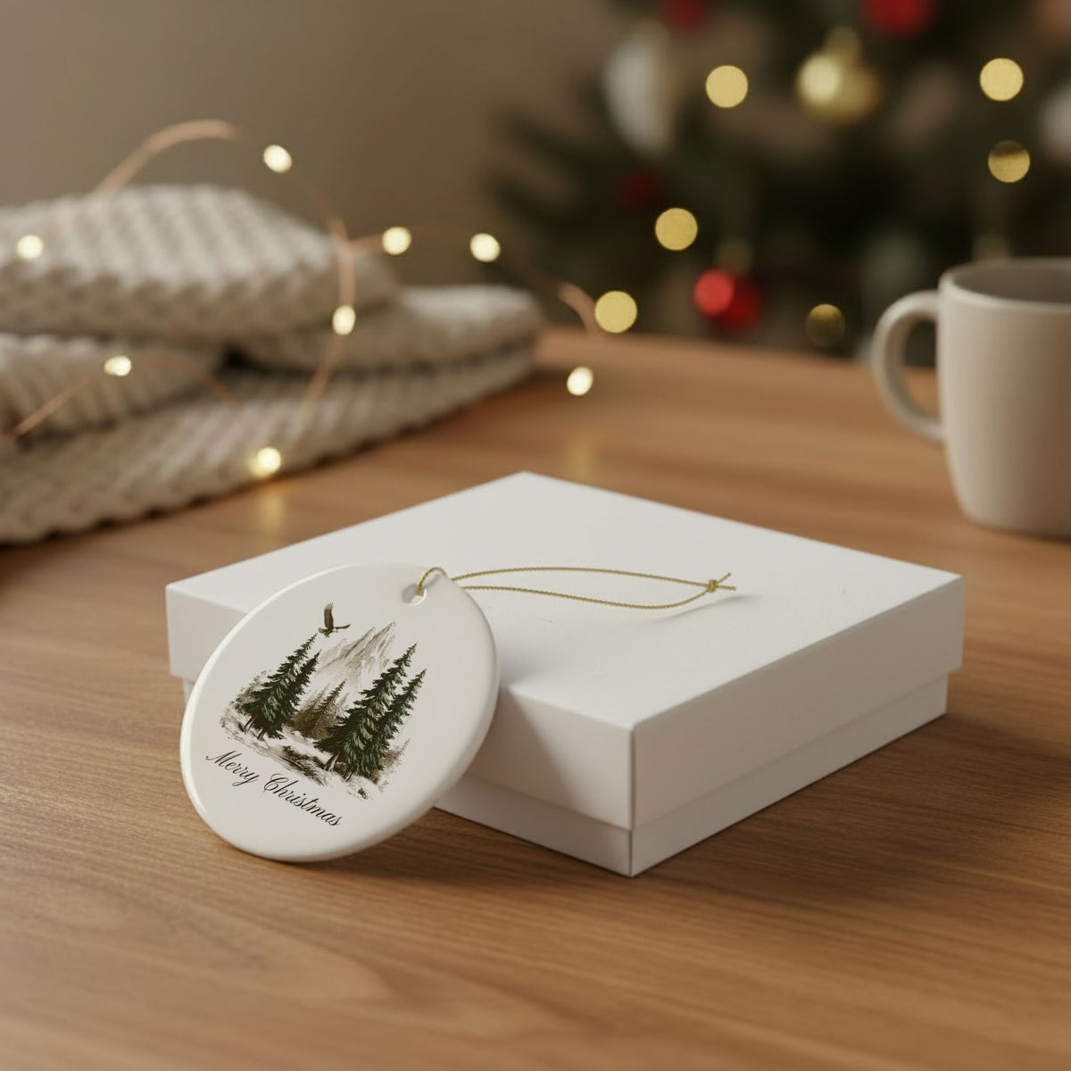 Rustic Merry Christmas Ornament, Mountain Pine Forest Theme
