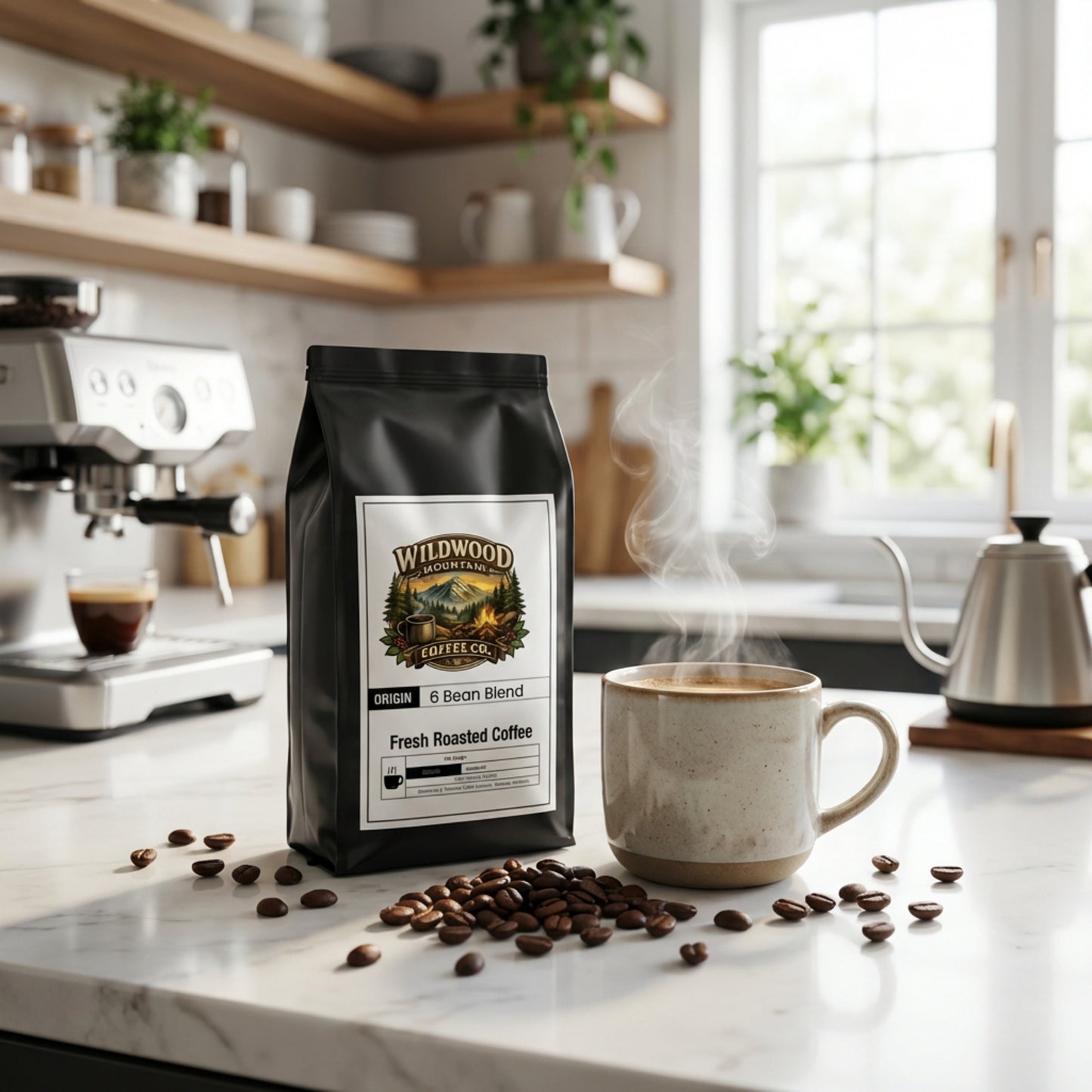 Bag of Wildwood Coffee Co. coffee on a kitchen counter with a steaming mug and coffee beans.