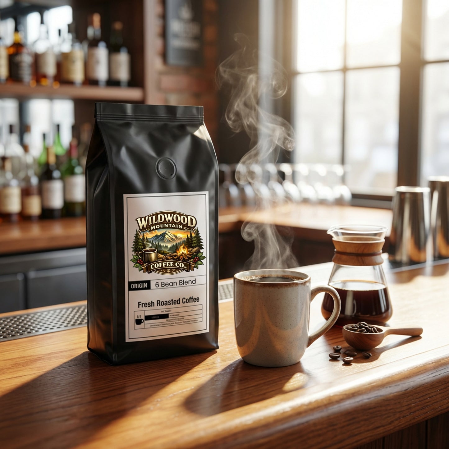 Wildwood Mountain Coffee Co. bag with a steaming cup of coffee on a wooden counter.