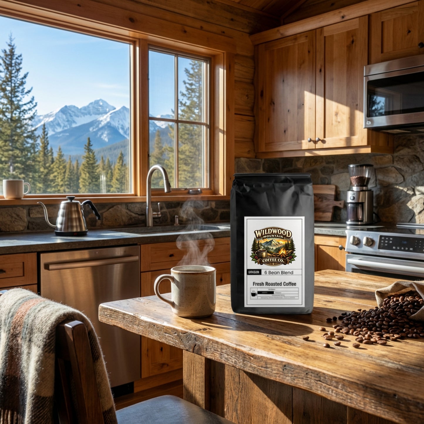 Wooden cabin kitchen with coffee bag and beans on a counter, mountains in the background