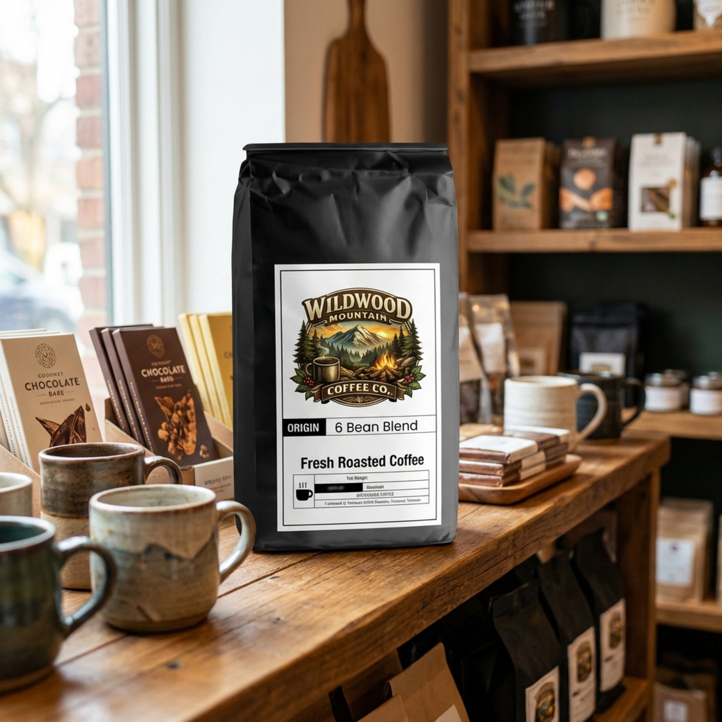 Wildwood Mountain Coffee Co. bag on a wooden counter with coffee cups and shelves in the background