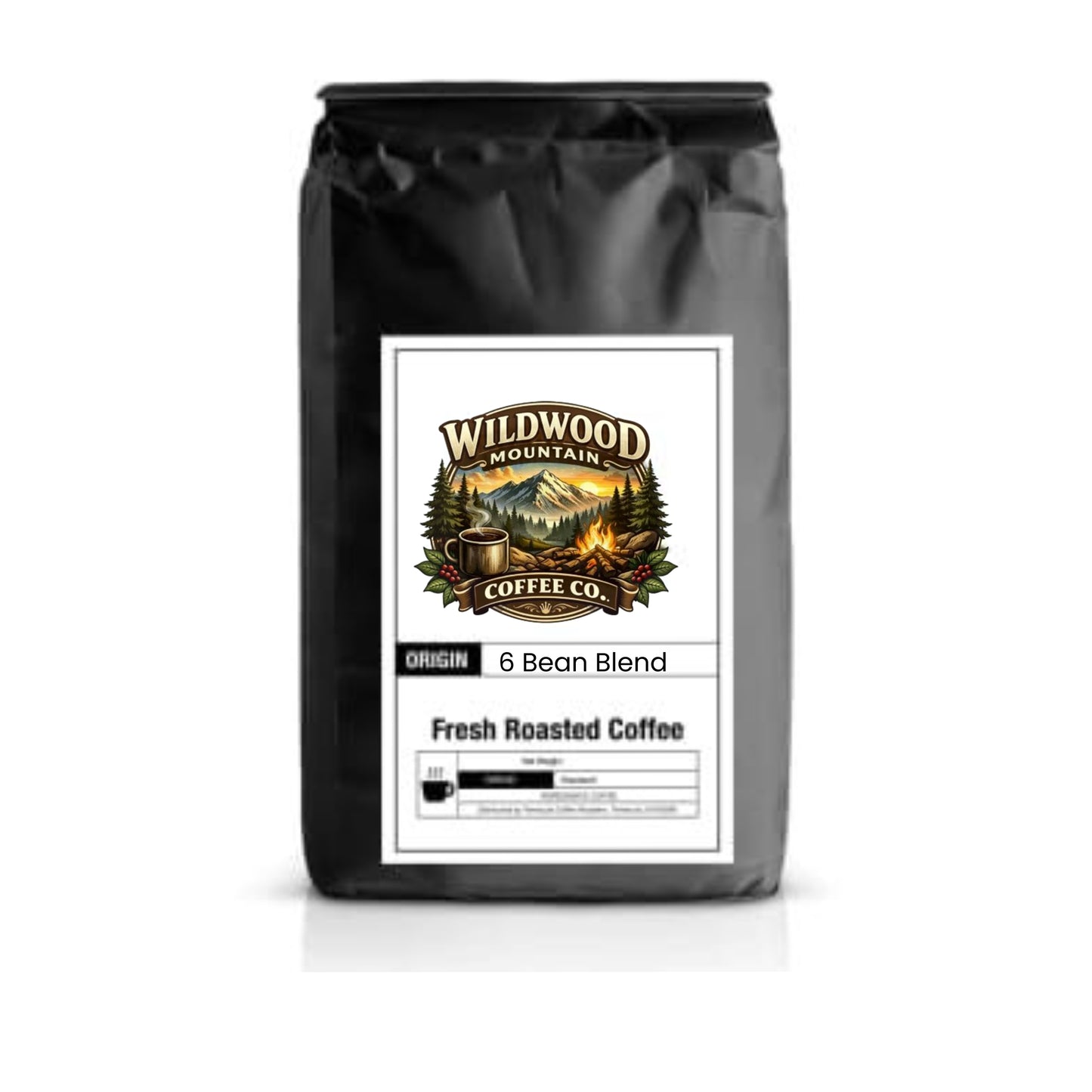 Coffee bag with Wildwood Mountain Coffee Co. label on a white background