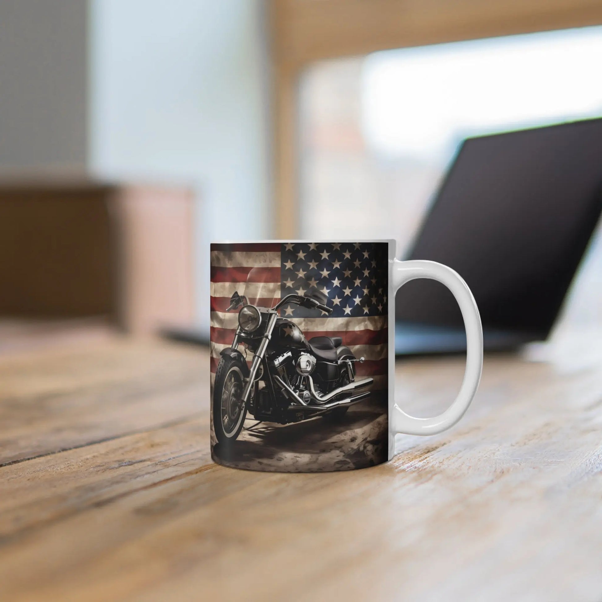 Personalized American Flag Motorcycle Mug, Patriotic Biker Coffee Cup Wildwood Mountain Coffee Co