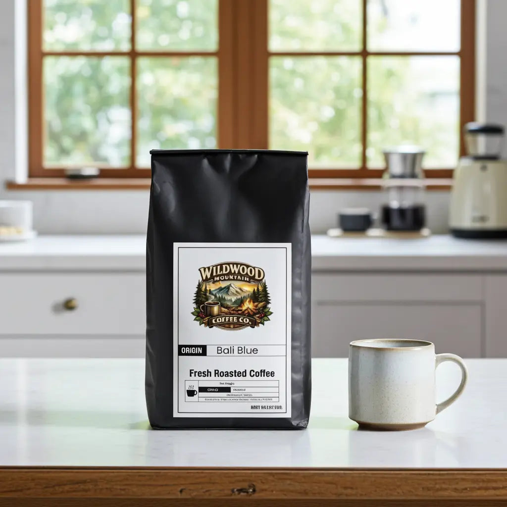 Wildwood Mountain Coffee Co. bag on a marble kitchen counter with a mug.