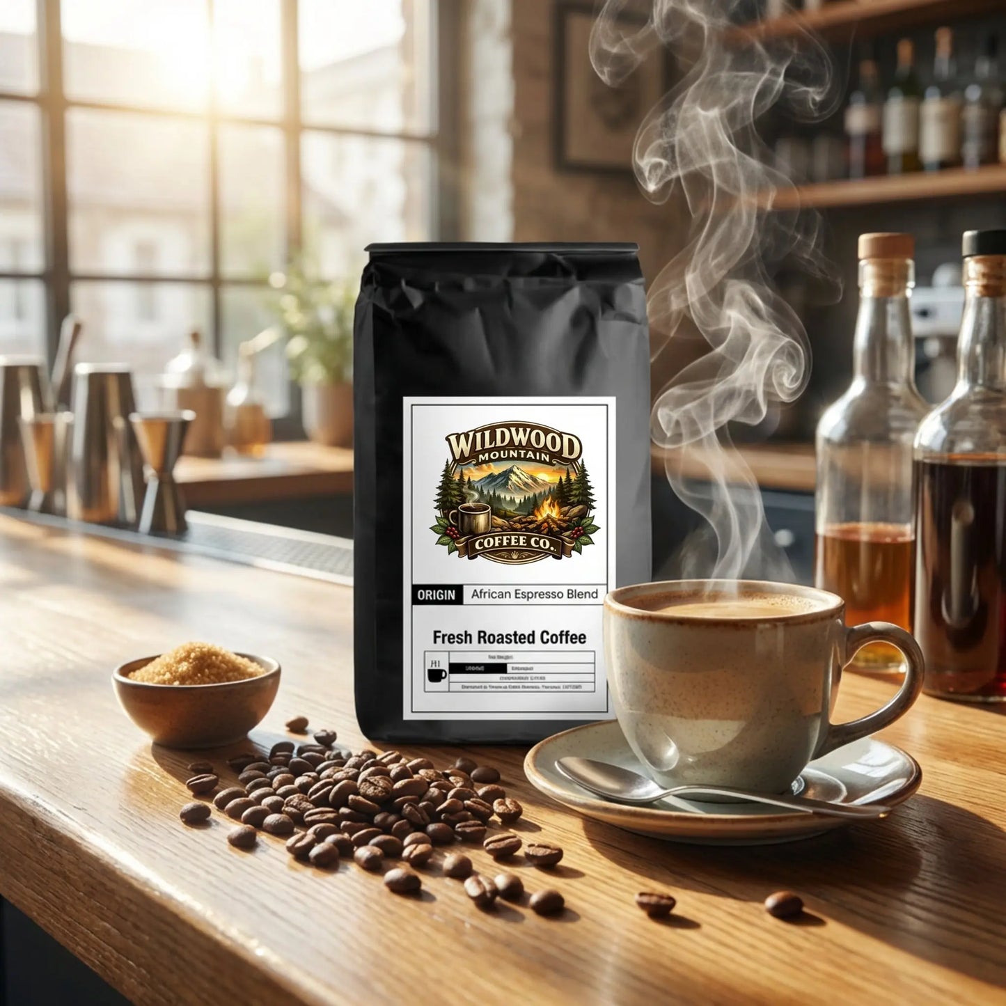 Wildwood Mountain Coffee Co. bag with a steaming cup of coffee on a wooden table.