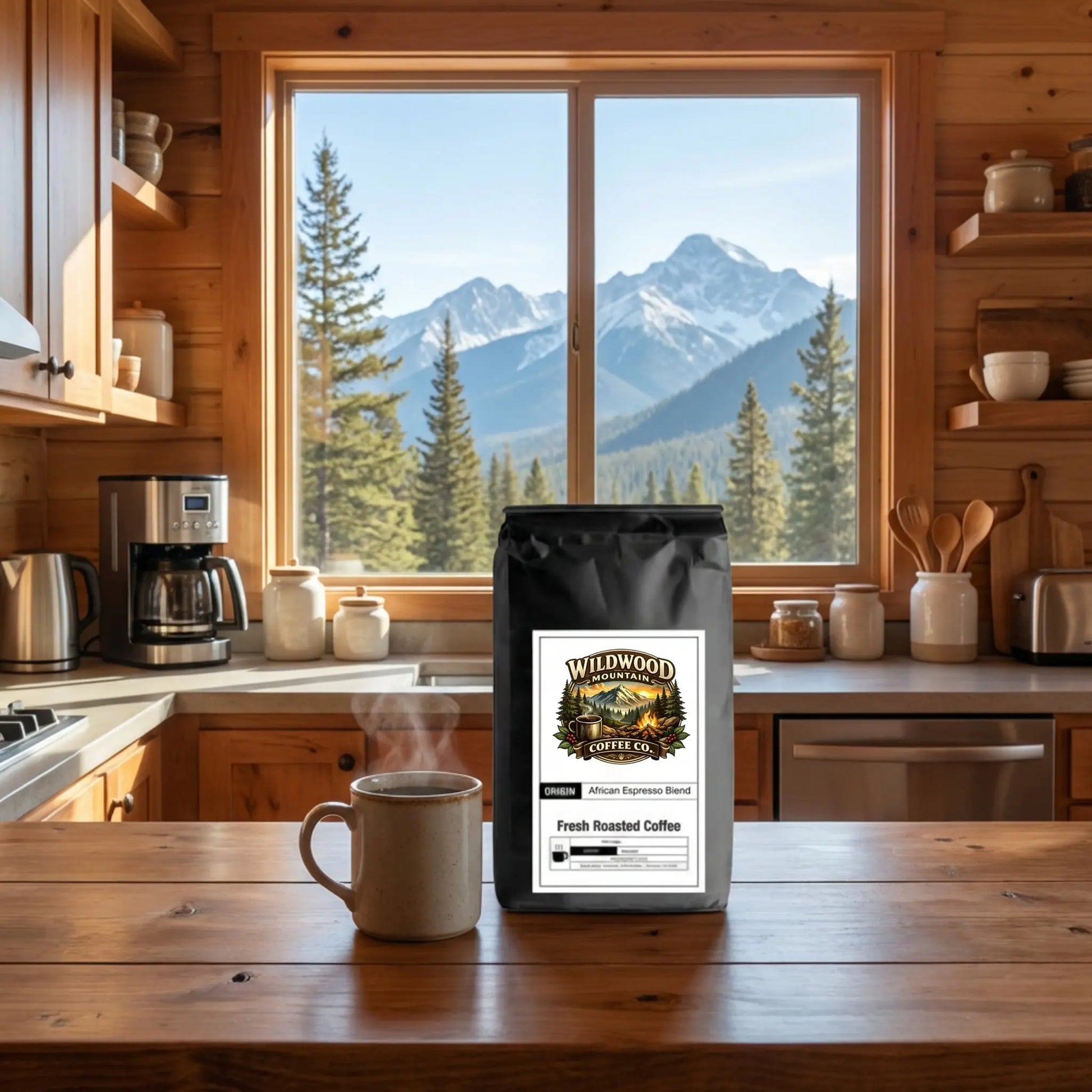 Wooden kitchen counter with a steaming mug and a bag of Wildwood Coffee Co. coffee, with a mountain view through the window.