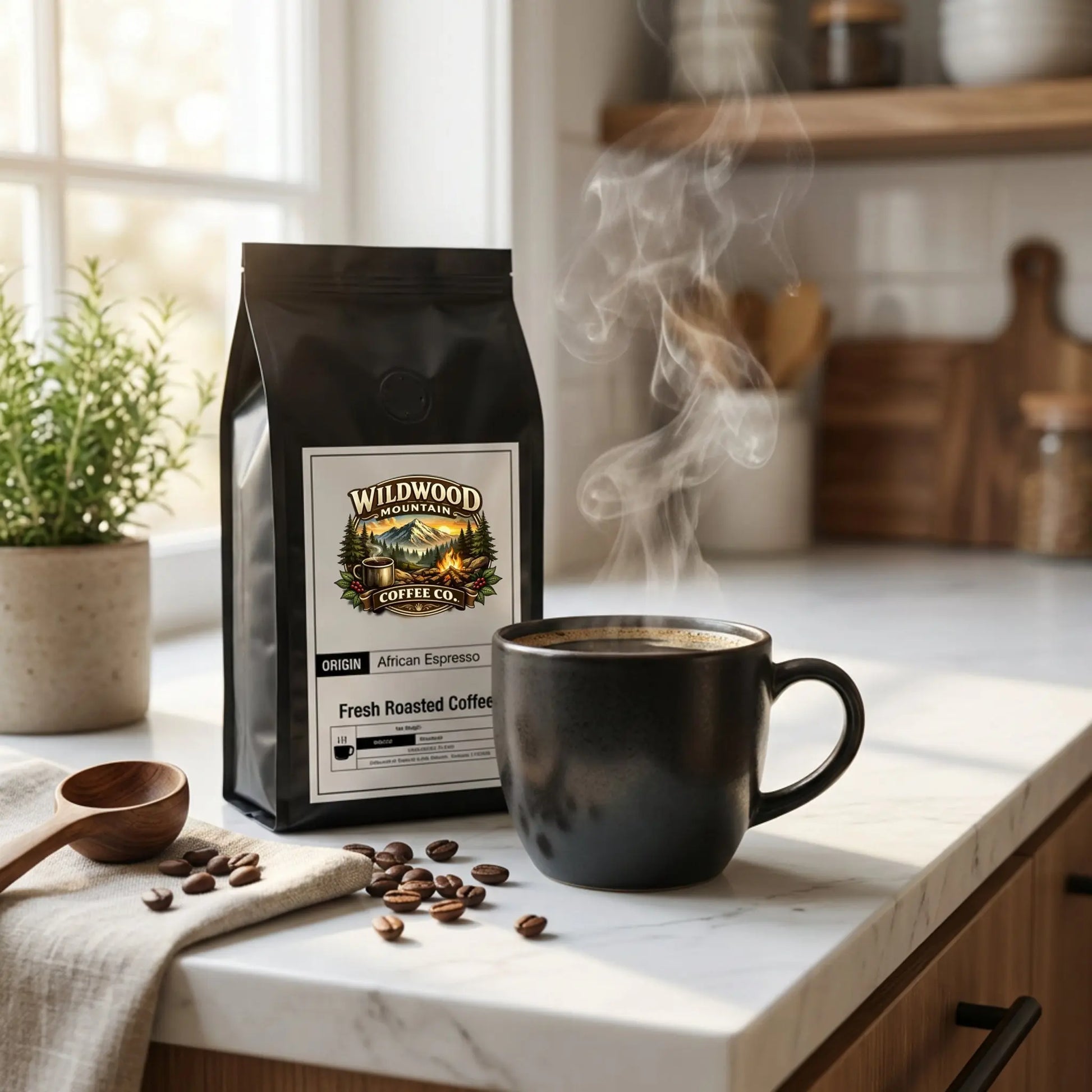 Black coffee bag and steaming mug on a kitchen counter with coffee beans and a plant.