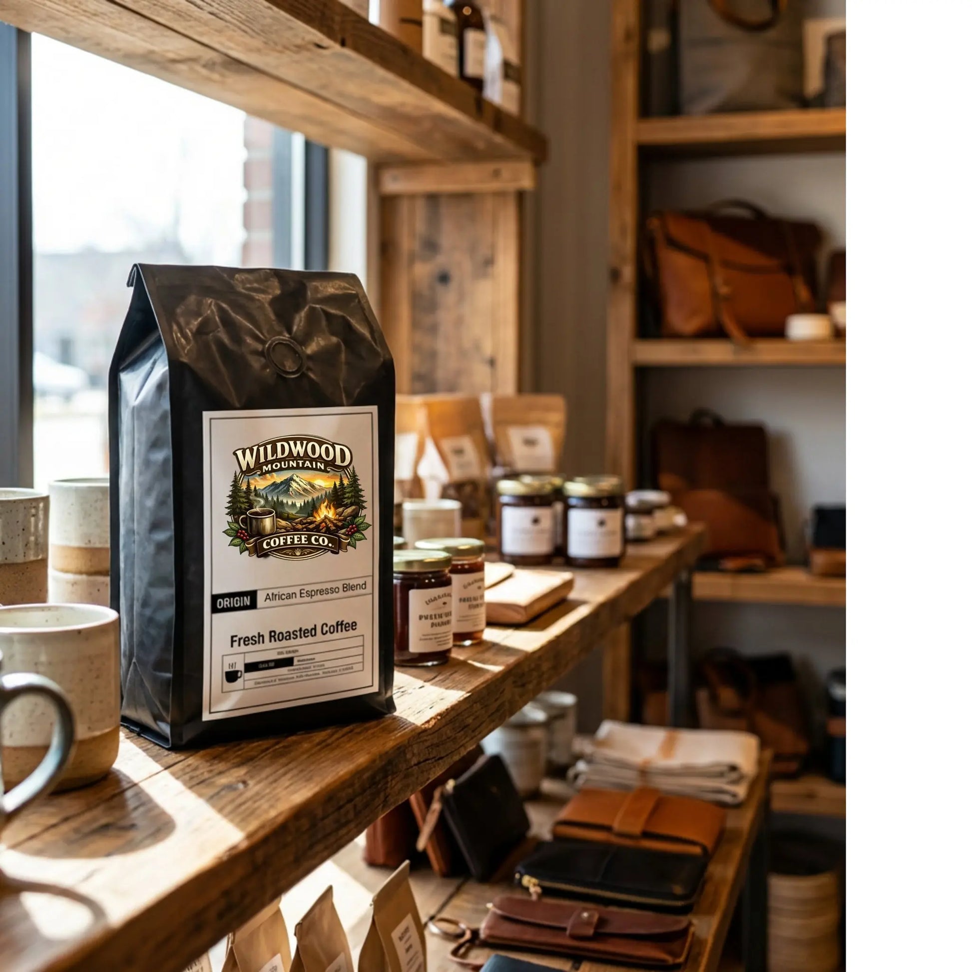 Wildwood Mountain Coffee Co. bag on a wooden shelf with various items in a store setting