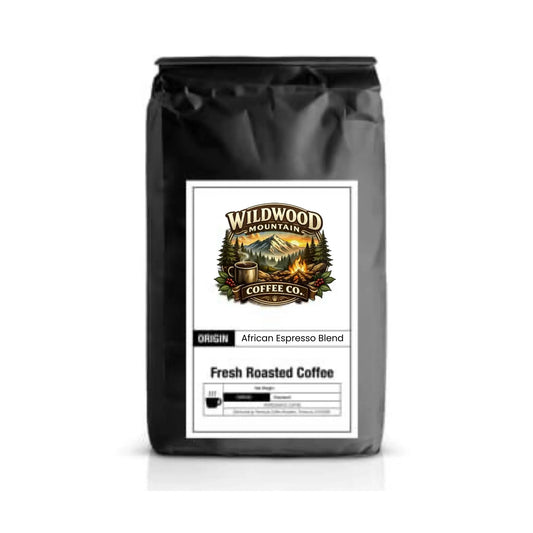 Coffee bag with Wildwood Mountain Coffee Co. label on a white background