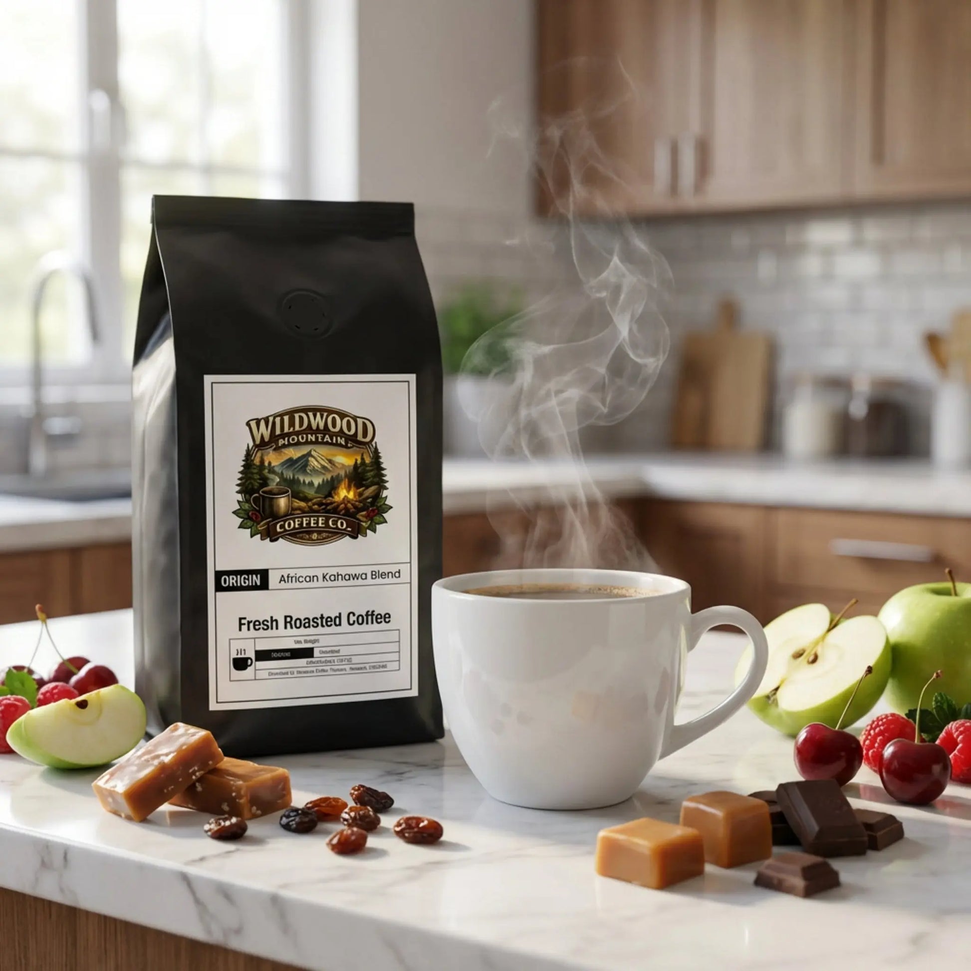 Bag of Wildwood Mountain Coffee Co. coffee on a kitchen counter with a steaming cup of coffee, fruits, and snacks.