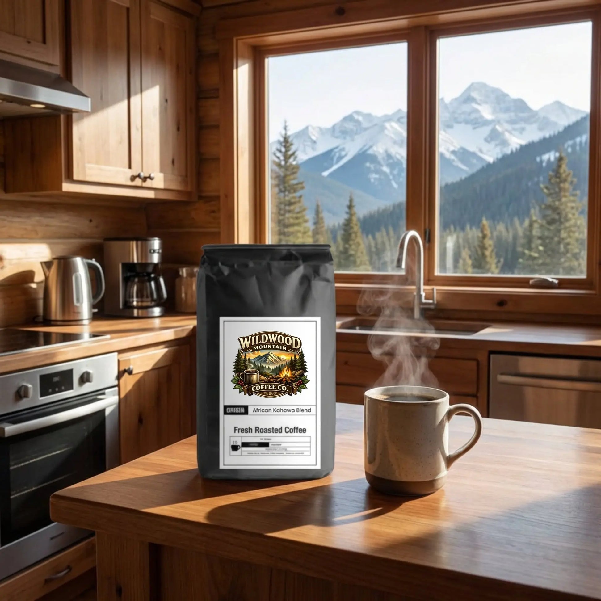 Wildwood Coffee Co. bag on a kitchen counter with a view of mountains