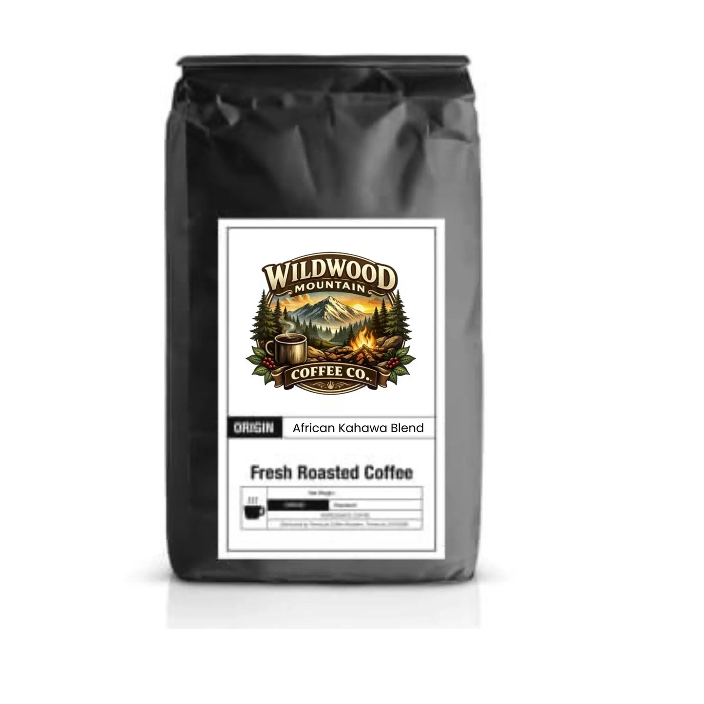 Coffee bag with Wildwood Mountain Coffee Co. label on a white background