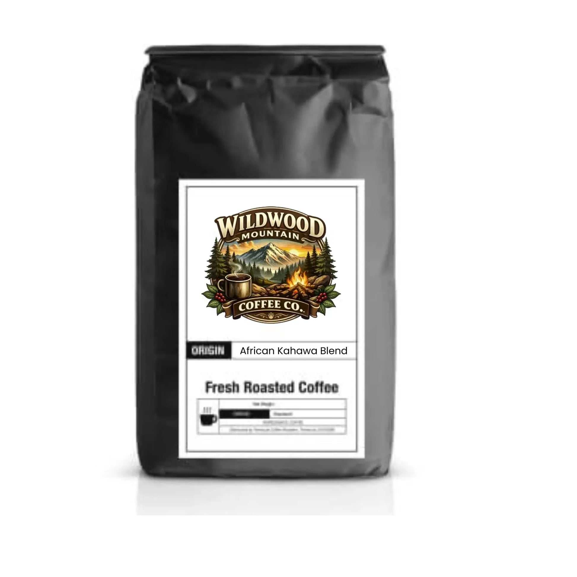 Coffee bag with Wildwood Mountain Coffee Co. label on a white background