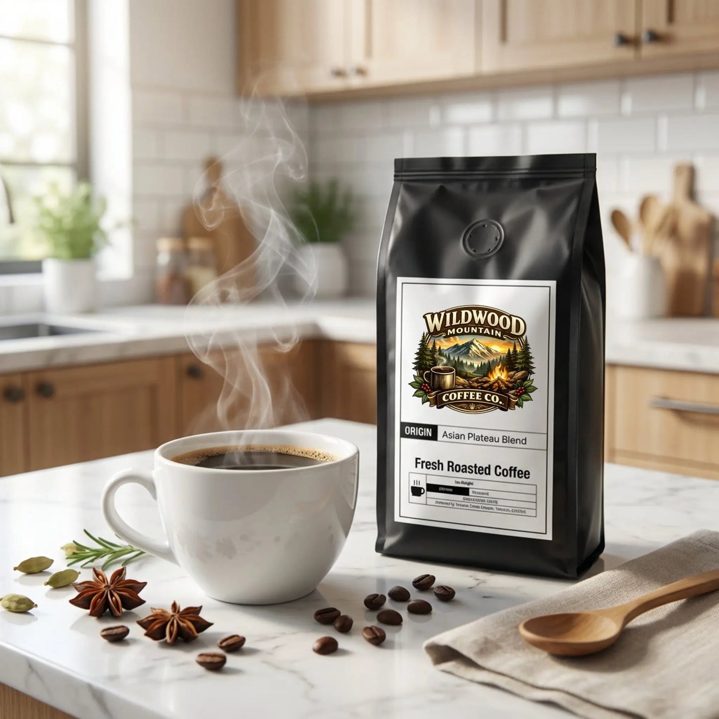 Bag of Wildwood Mountain Coffee Co. coffee on a kitchen counter with a steaming cup of coffee.