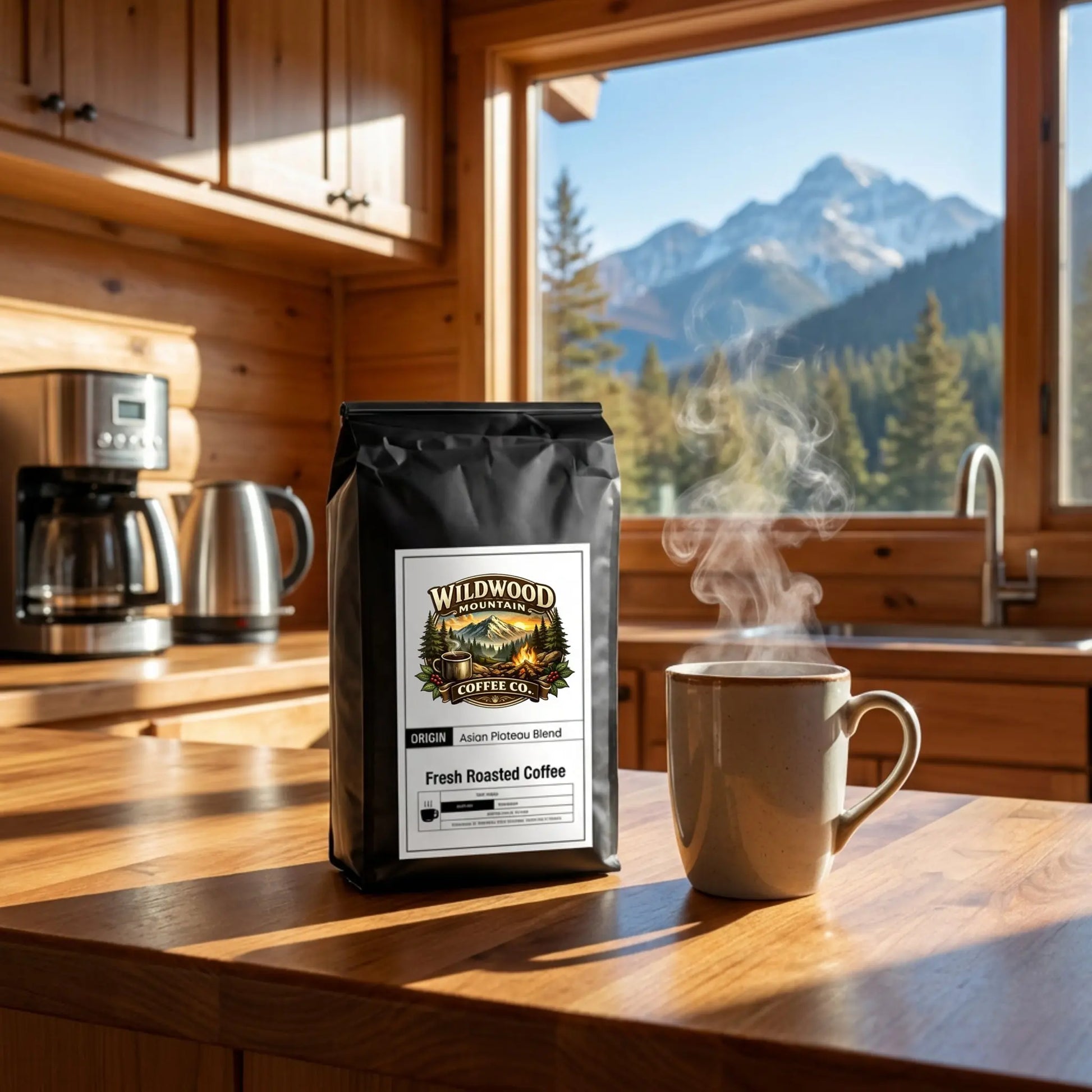 Wildwood Coffee Co. bag on a kitchen counter with a steaming cup of coffee and mountain view