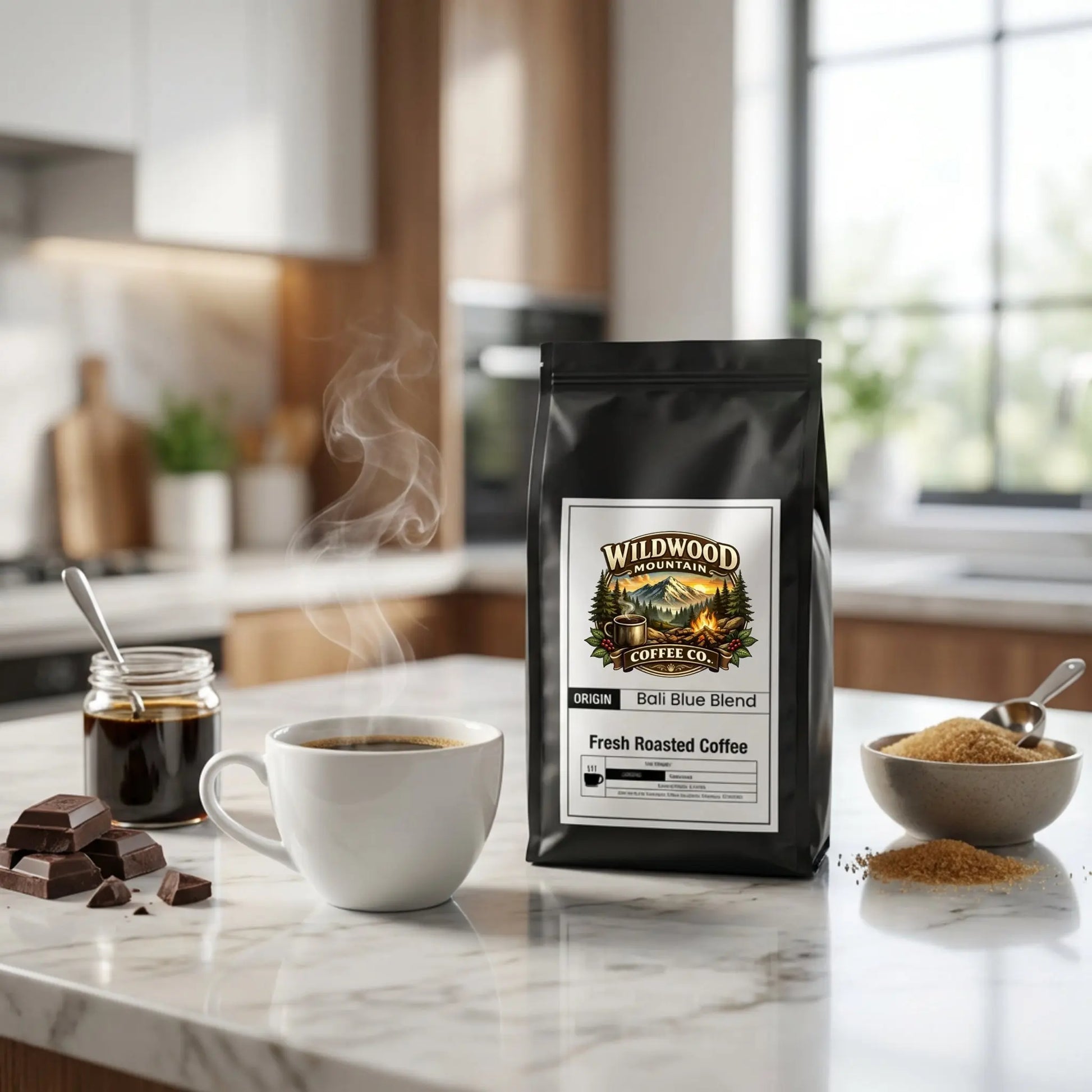 Wildwood Mountain Coffee Co. bag on a kitchen counter with coffee and ingredients