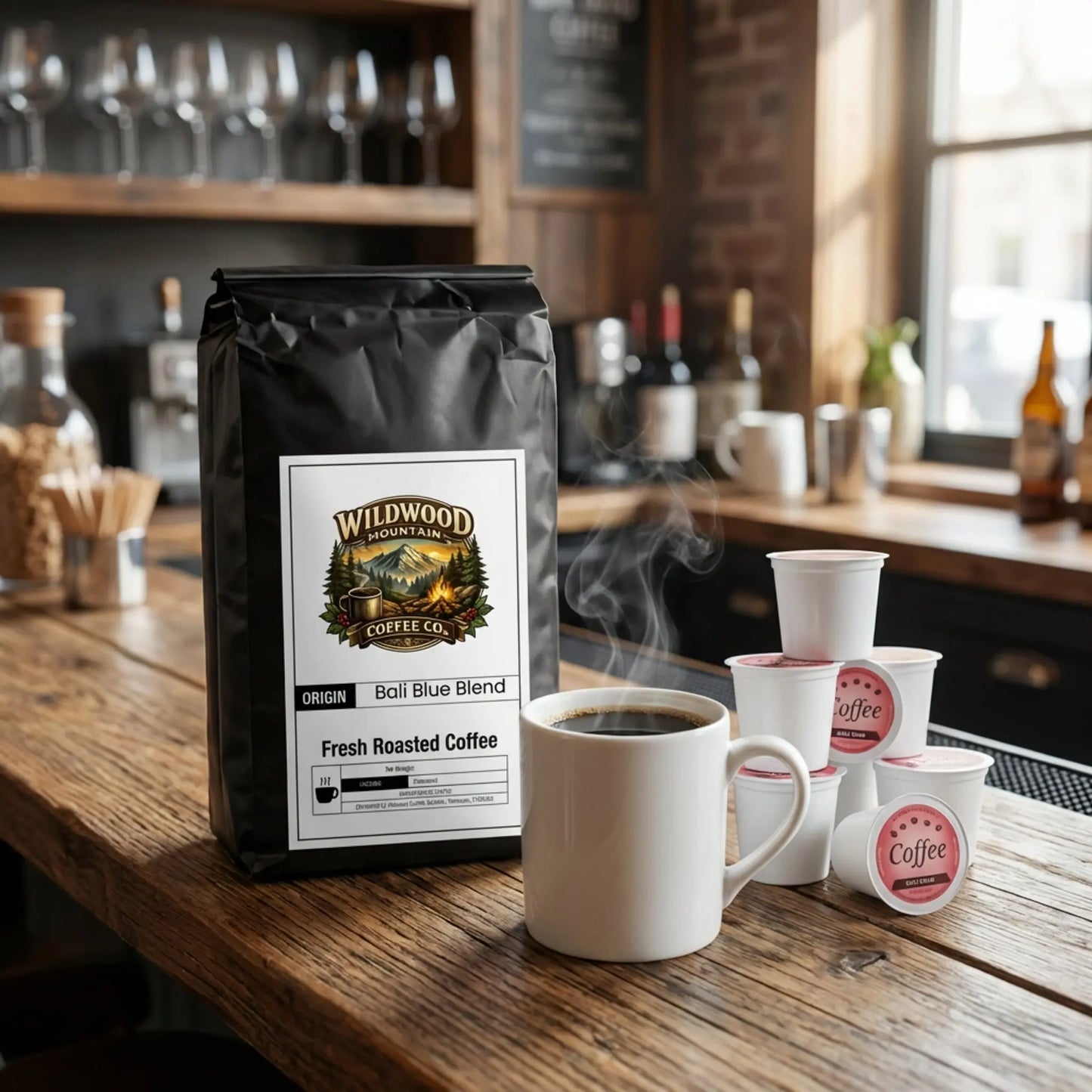 Wildwood Mountain Coffee Co. bag on a wooden counter with coffee cups and a steaming cup.