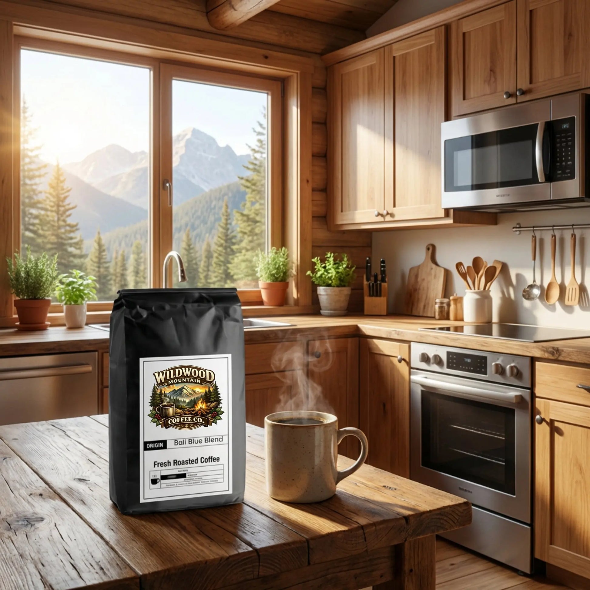 Coffee bag with 'Wildwood Coffee Co.' branding on a wooden table in a kitchen with mountain view.