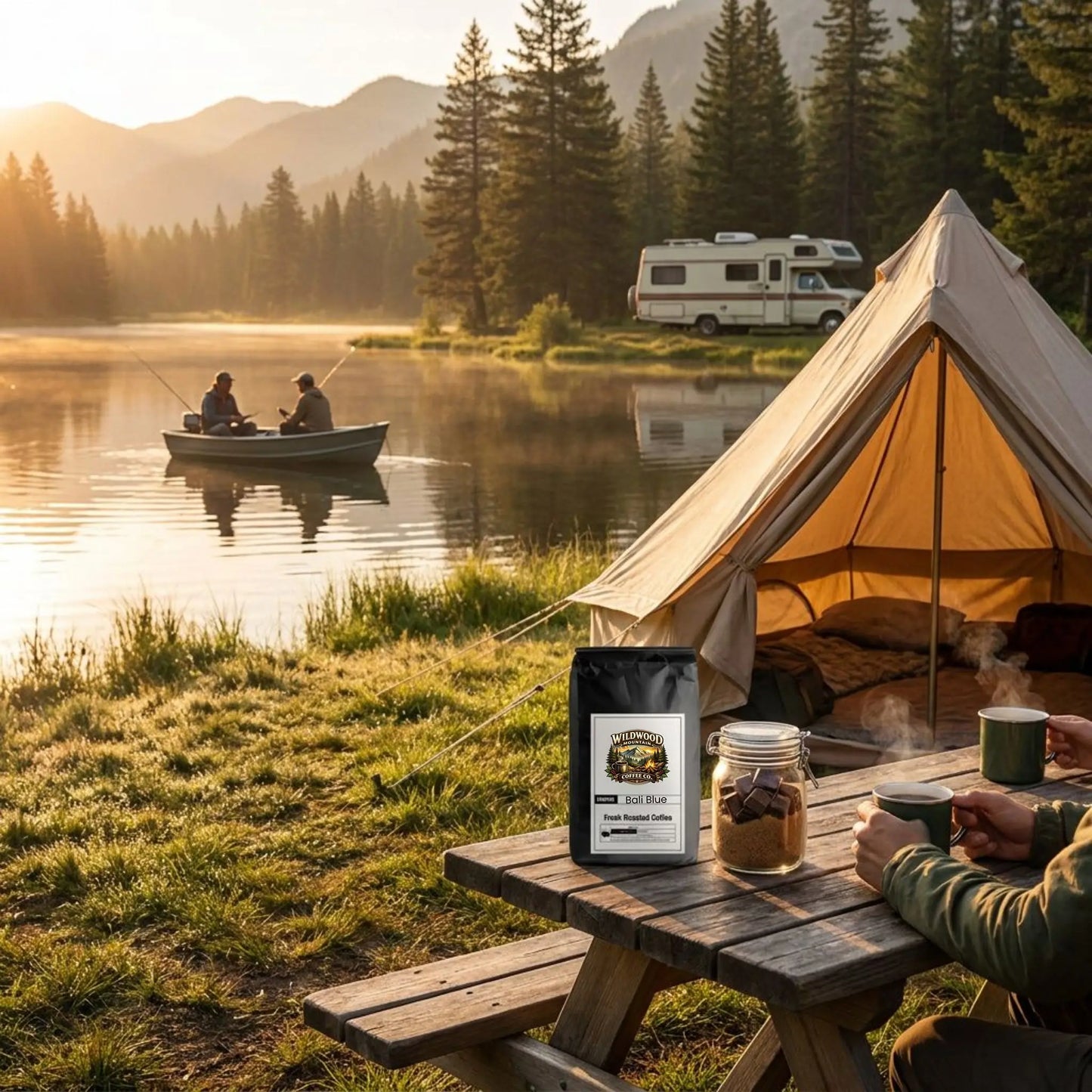 Camping scene with a tent, table, and campers enjoying coffee by a lake with mountains in the background.