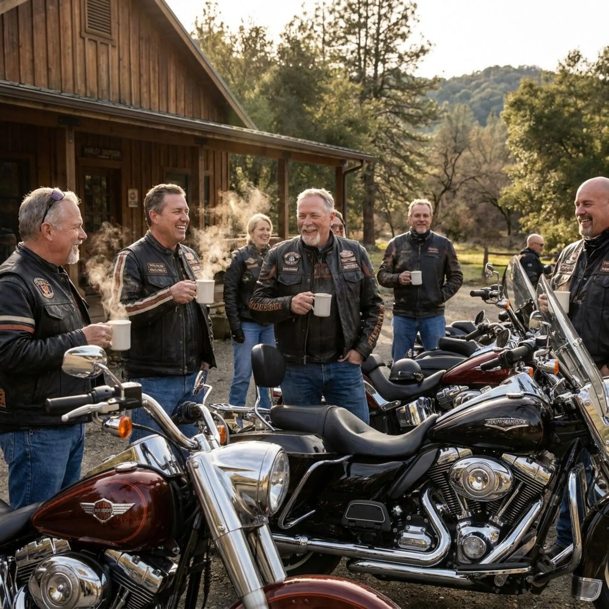 Group of people standing around motorcycles, enjoying coffee outdoors.