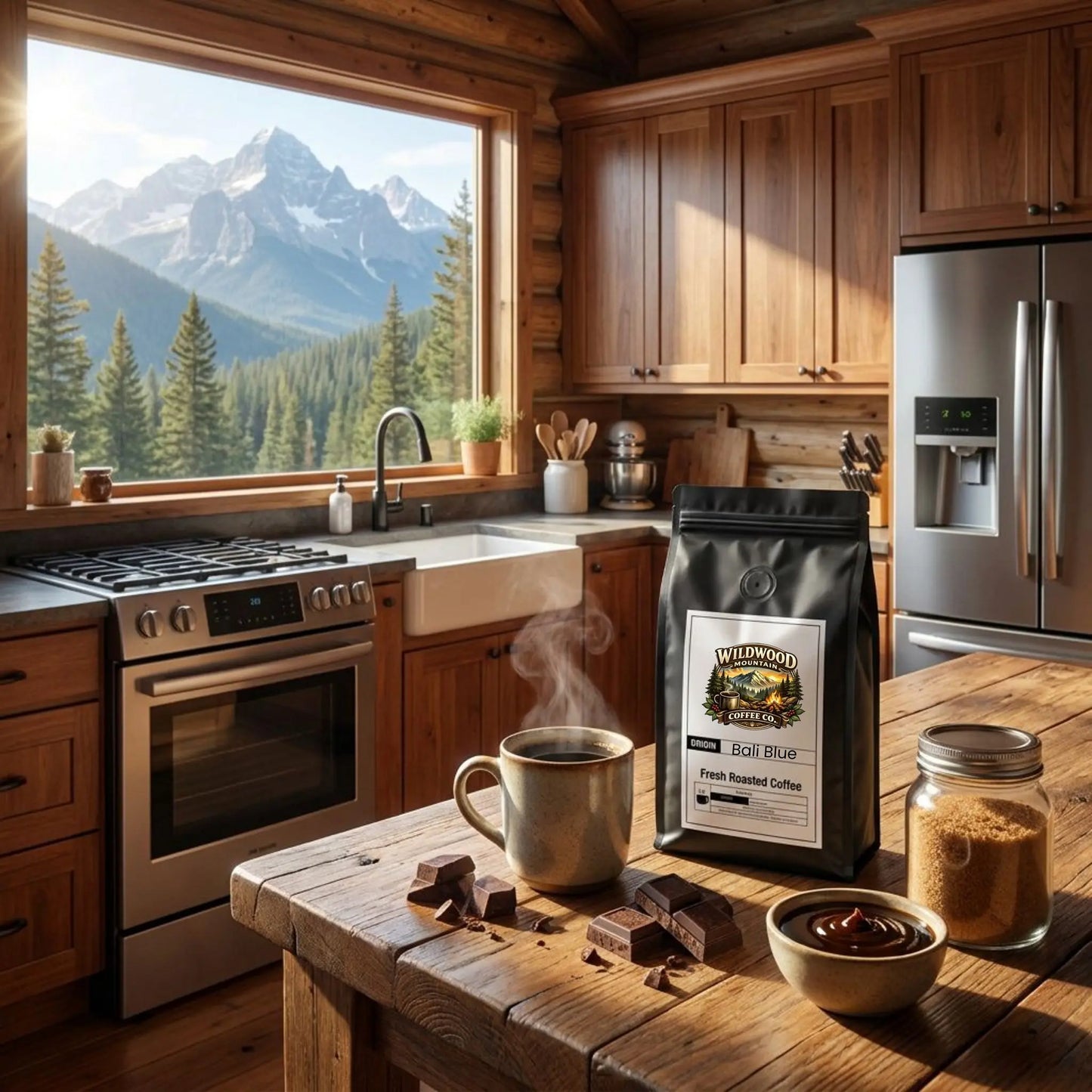 Mountain Cabin kitchen with wooden cabinets, stainless steel appliances, and a view of mountains.  Wildwood Mountain Coffee Co Bali Blue Single Origin coffee bag with a hot steaming cup of coffee is on the wood counter.