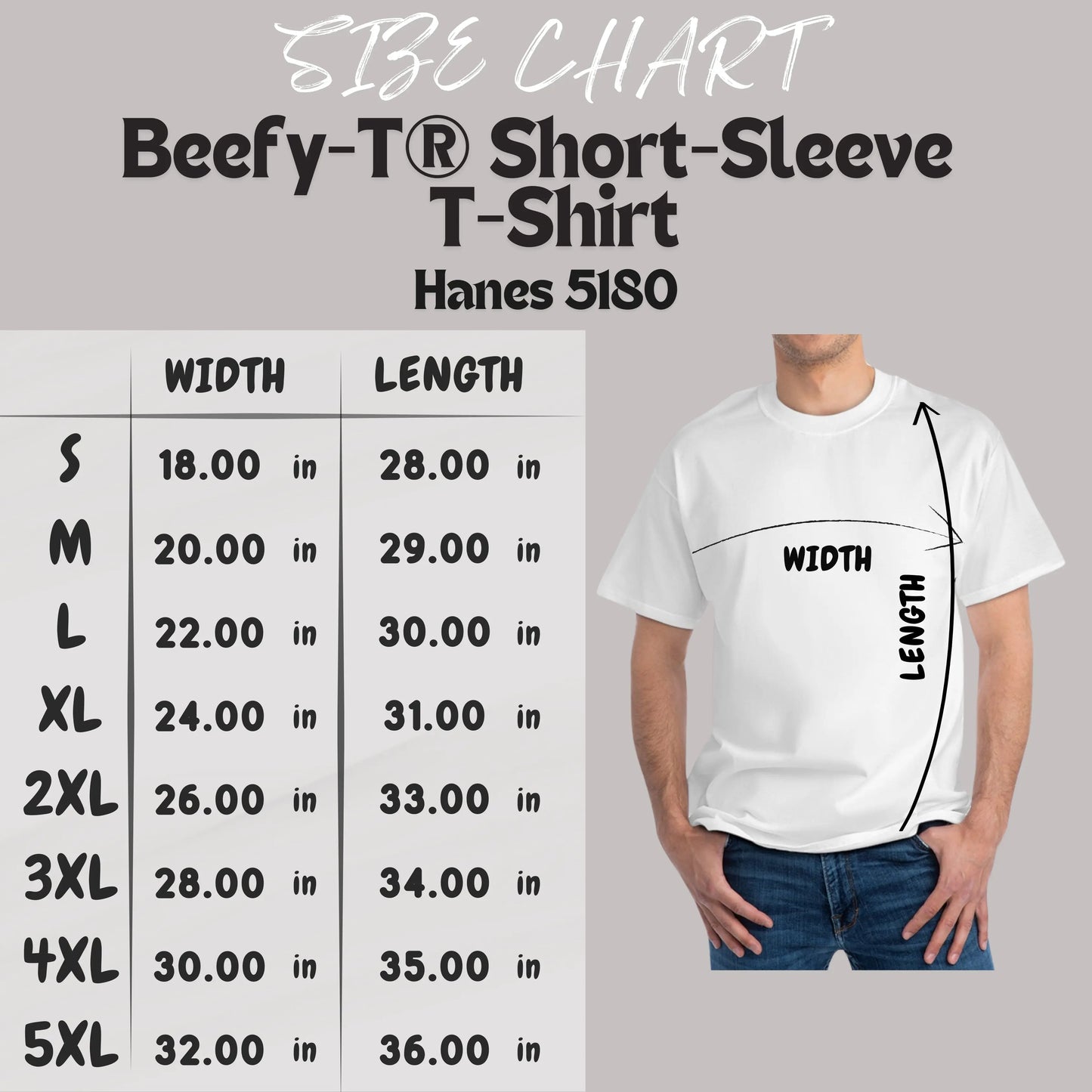 Size chart for Beefy-T Short-Sleeve T-Shirt with a person wearing the shirt.