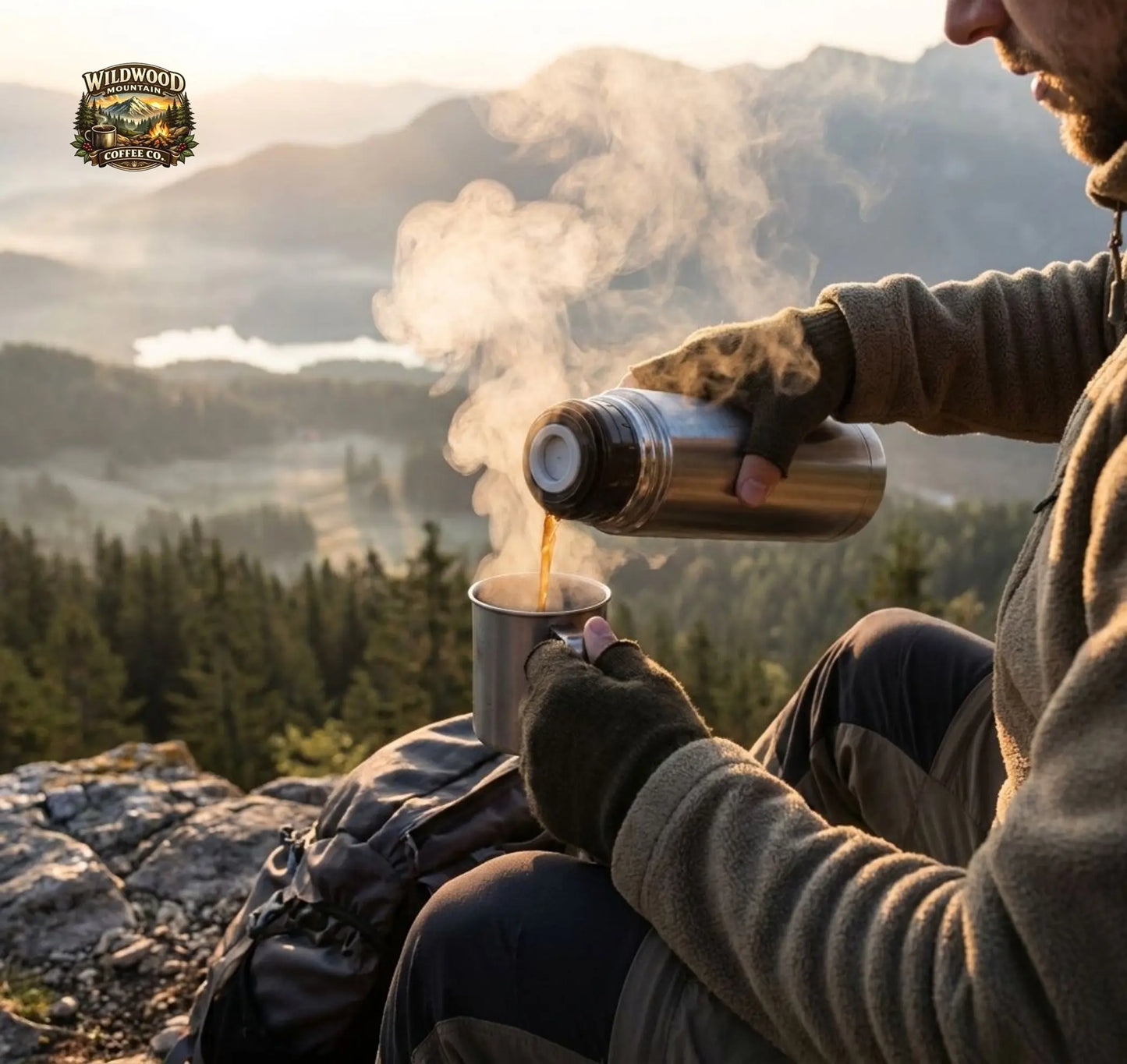 Hiker pouring hot coffee from a thermos into a cup with a scenic mountain view in the background