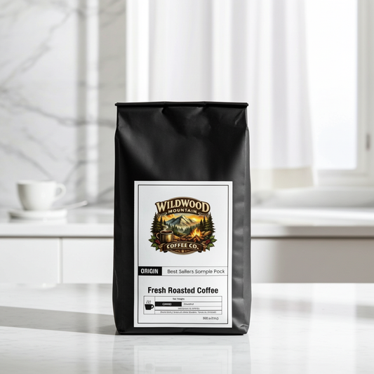 Bag of Wildwood Mountain Coffee Co. coffee on a kitchen counter with a window in the background.