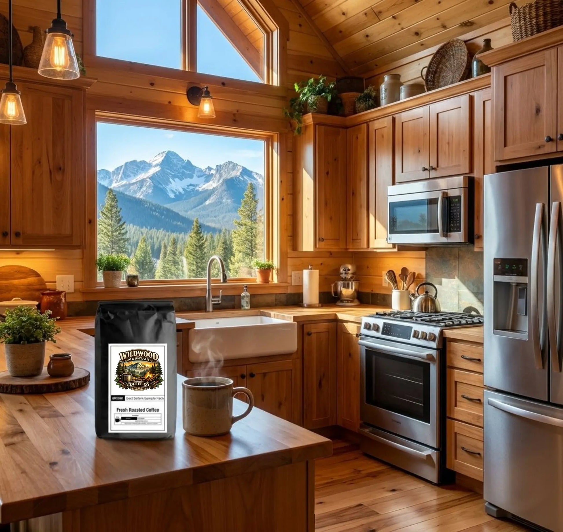 Wooden kitchen with mountain view, coffee bag, and cup of hot coffee on counter