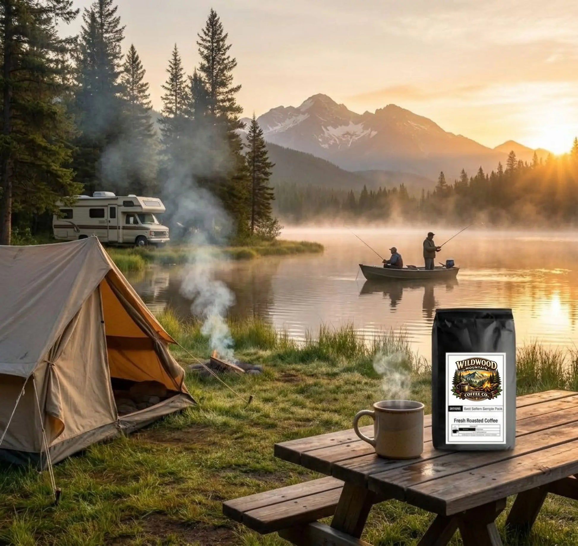 Camping scene with a tent, coffee, and two fishermen in a boat on the lake, with an RV nearby.  Scenic mountains in the background.