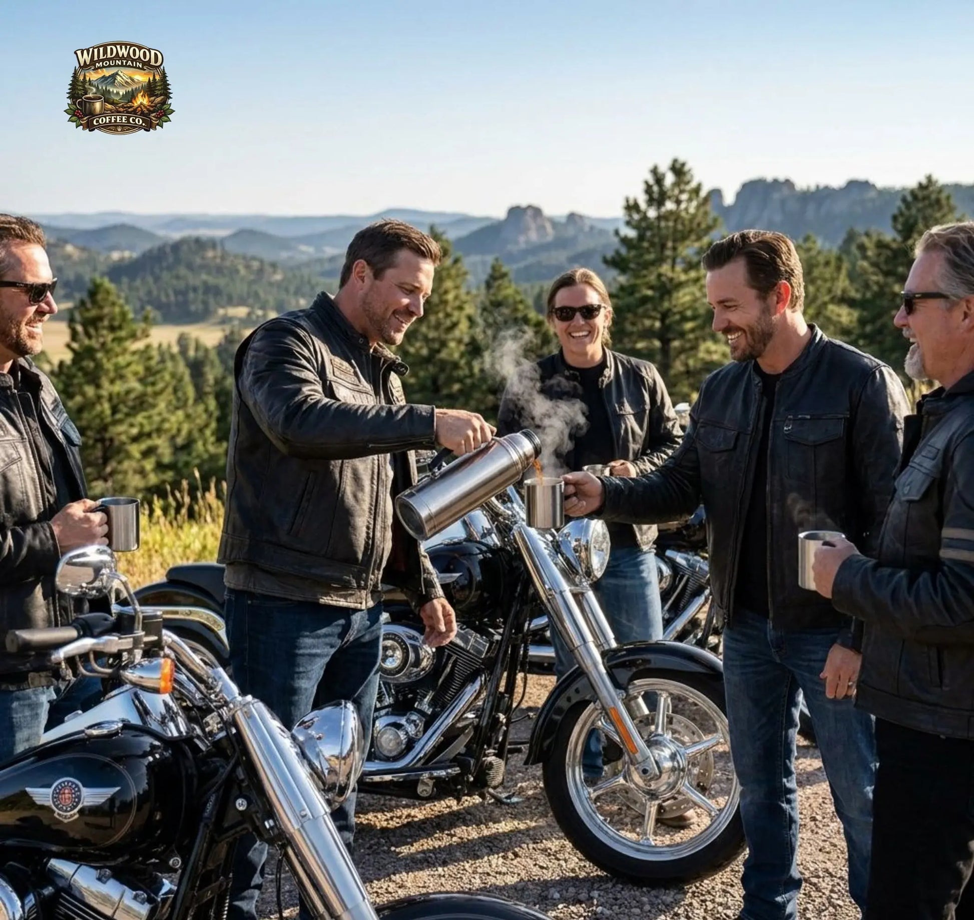 Group of people on motorcycles with a scenic background, enjoying hot coffee being poured from a thermos.