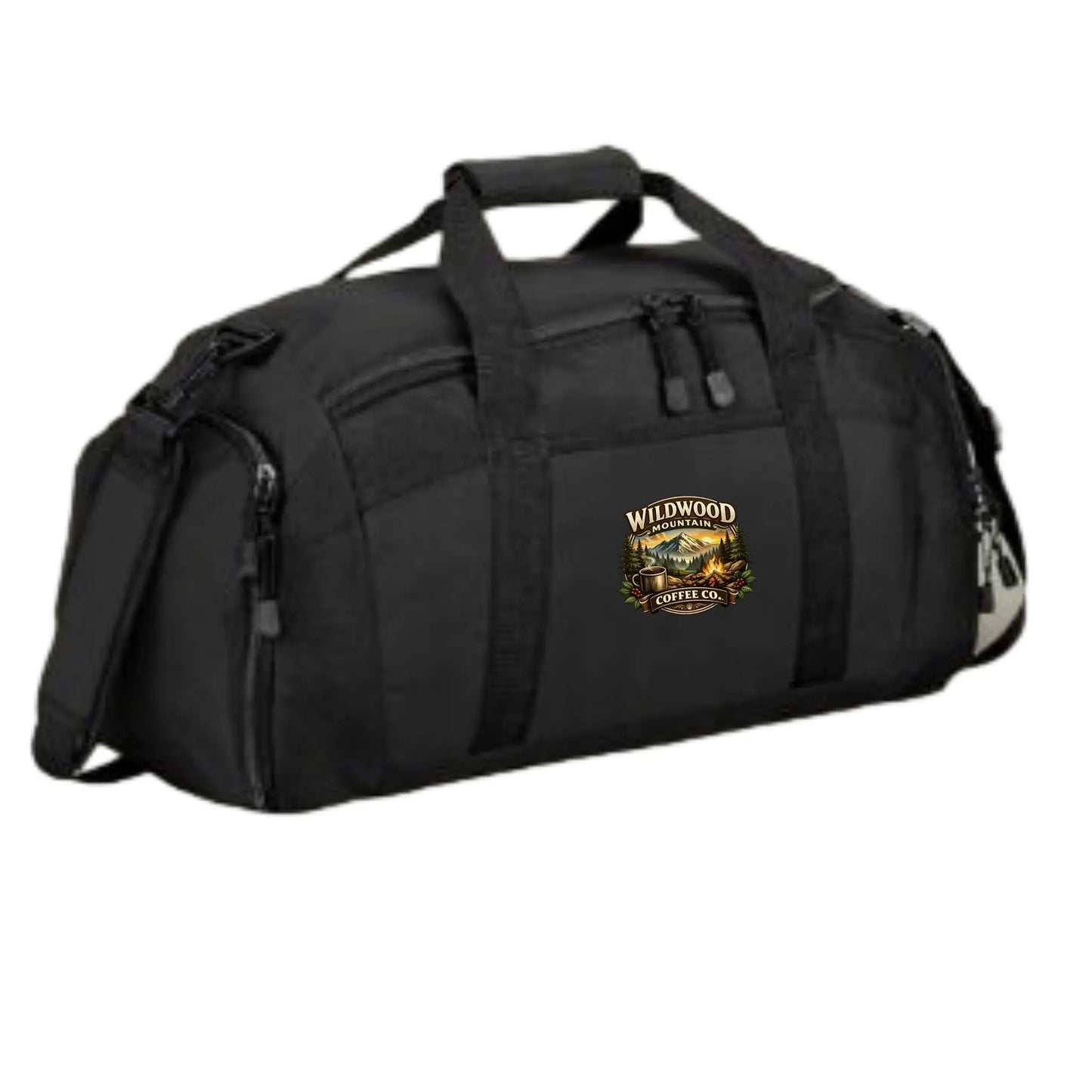 Black duffel bag with Wildwood Coffee Co. logo on a white background