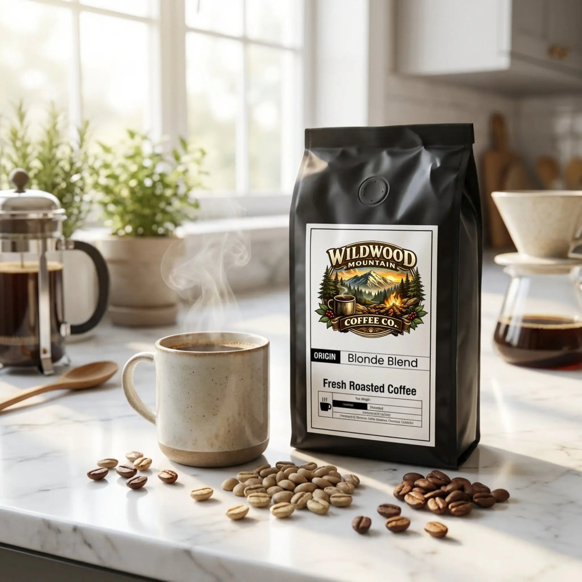Wildwood Mountain Coffee Co. coffee bag with a mug, beans, and kitchen items on a marble countertop.